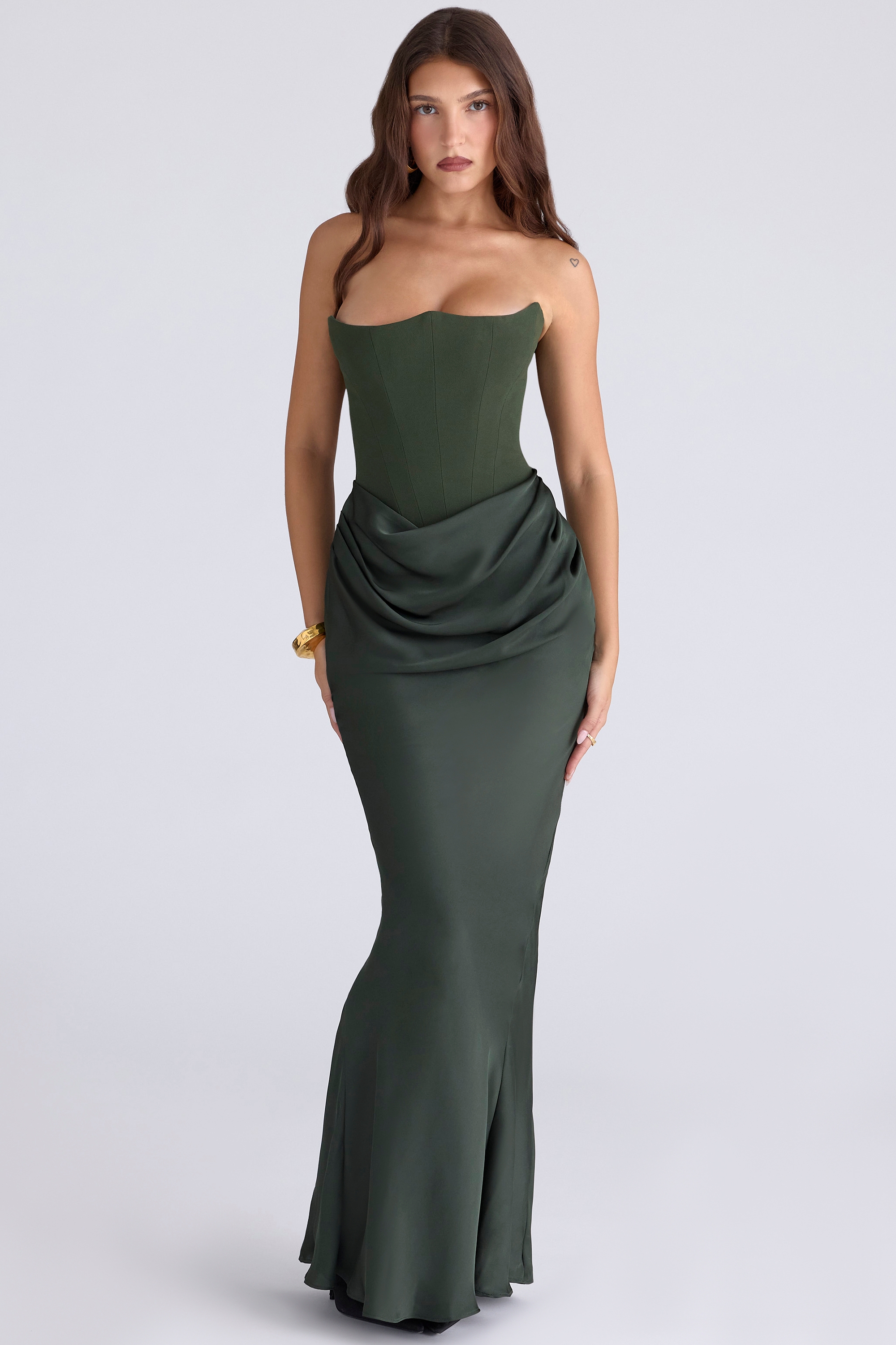 Emerald Green Crepe Strapless Corset Maxi Dress - TREBLEV