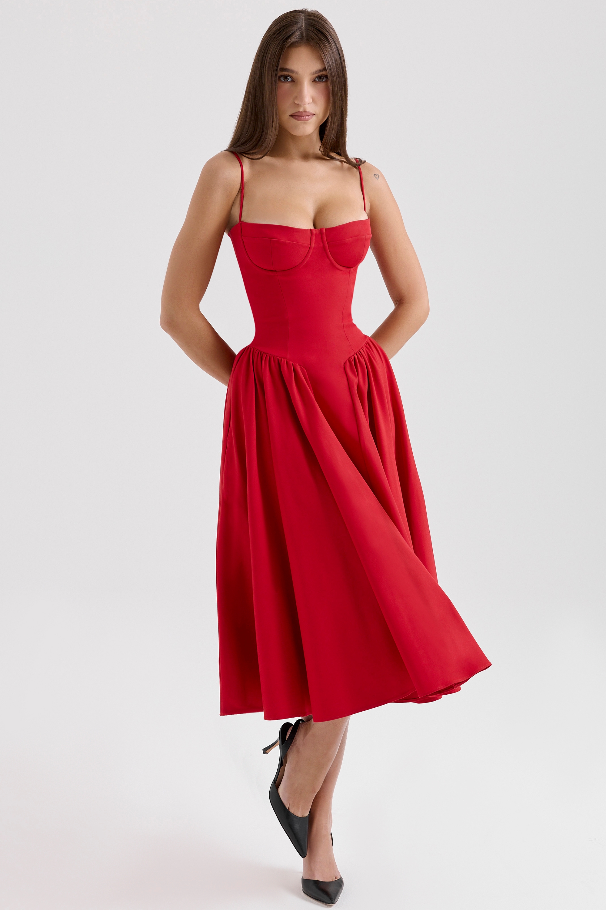 Red Gathered Midi Dress - TREBLEV