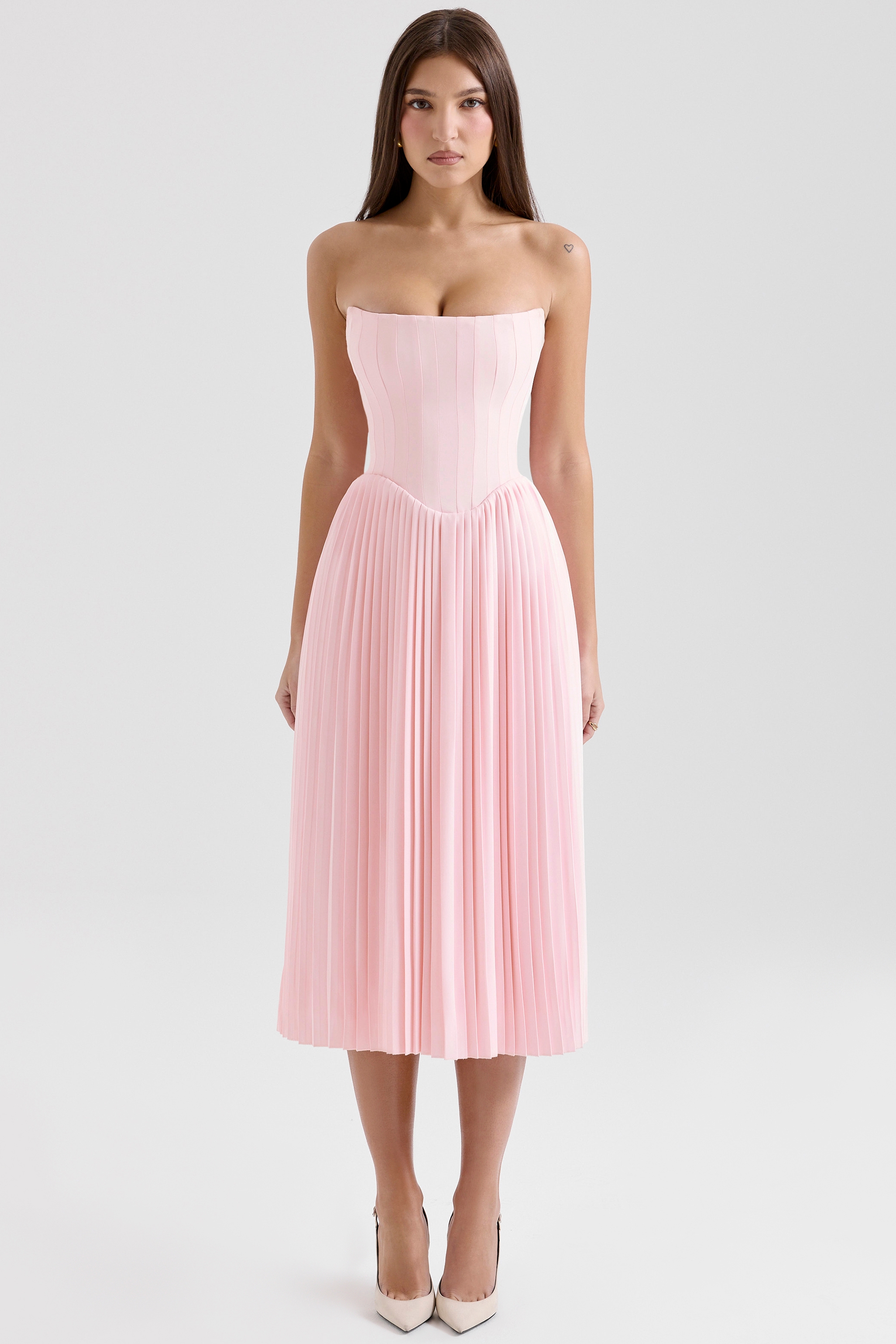 Pink Pleated Midi Corset Dress - TREBLEV