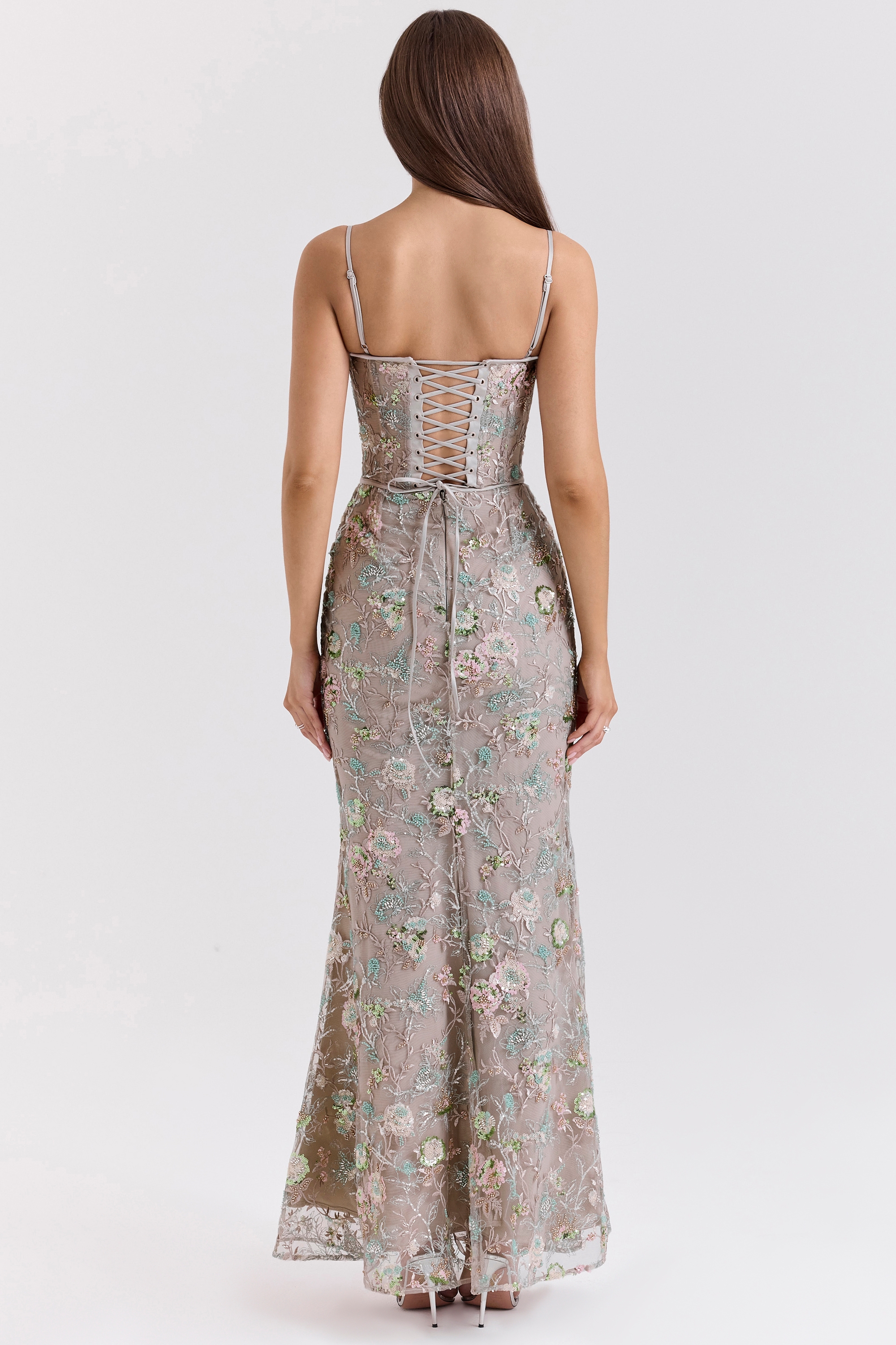 Silver Embellished Beaded Corset Maxi Dress - TREBLEV