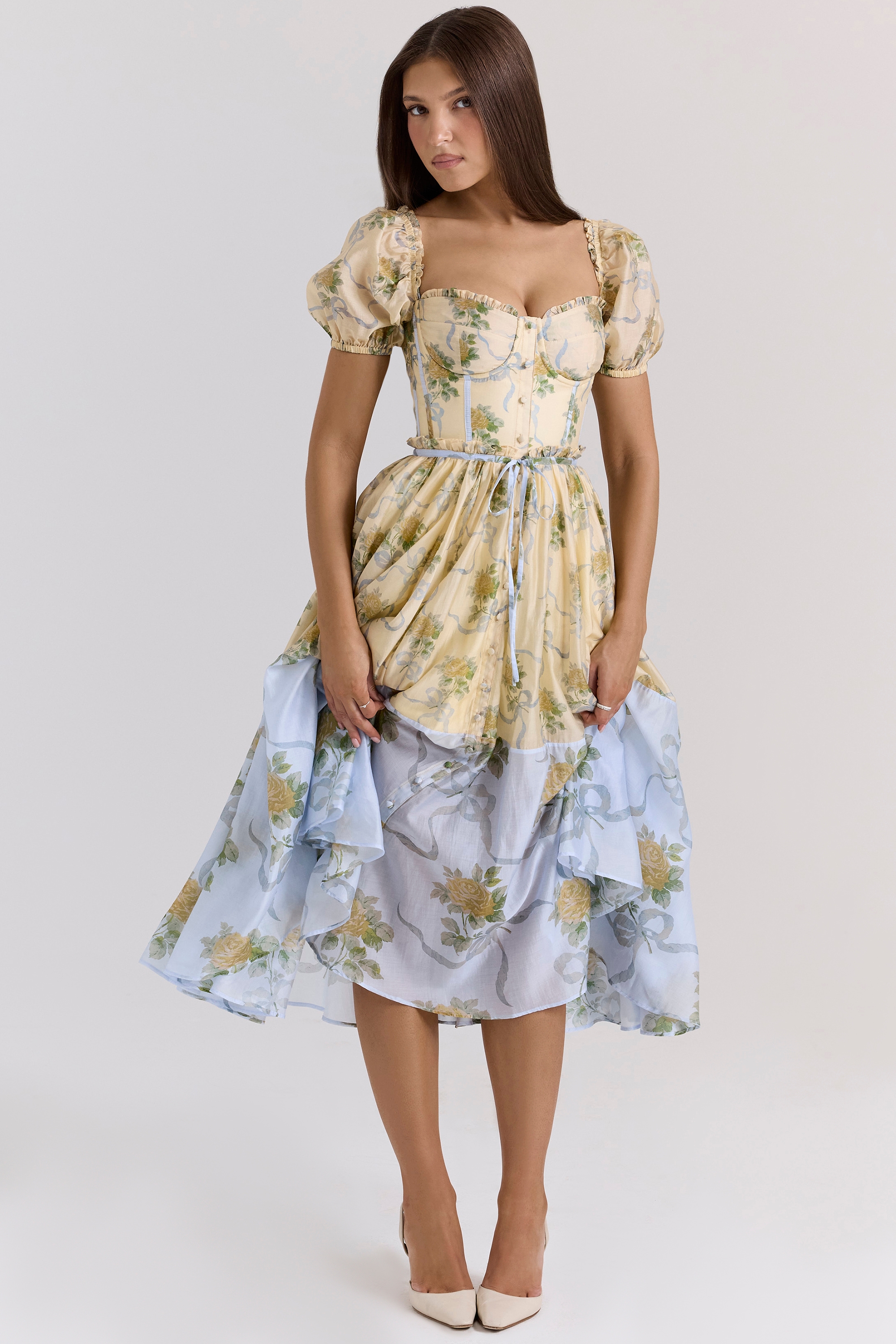 Lemon Vintage Rose Chiffon Midi Dress - TREBLEV