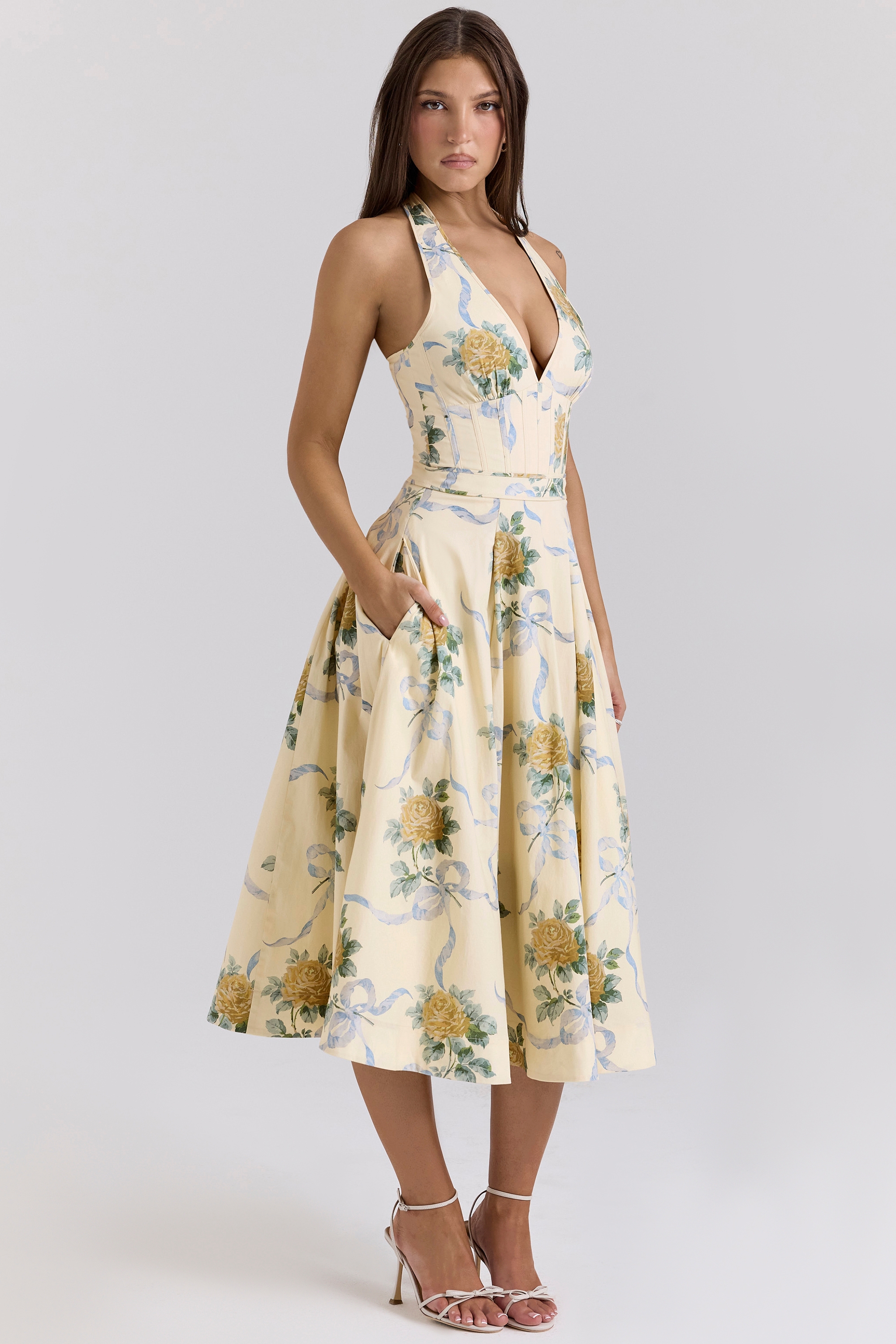 Lemon Ribbon Stretch Cotton Halter Midi Sundress - TREBLEV