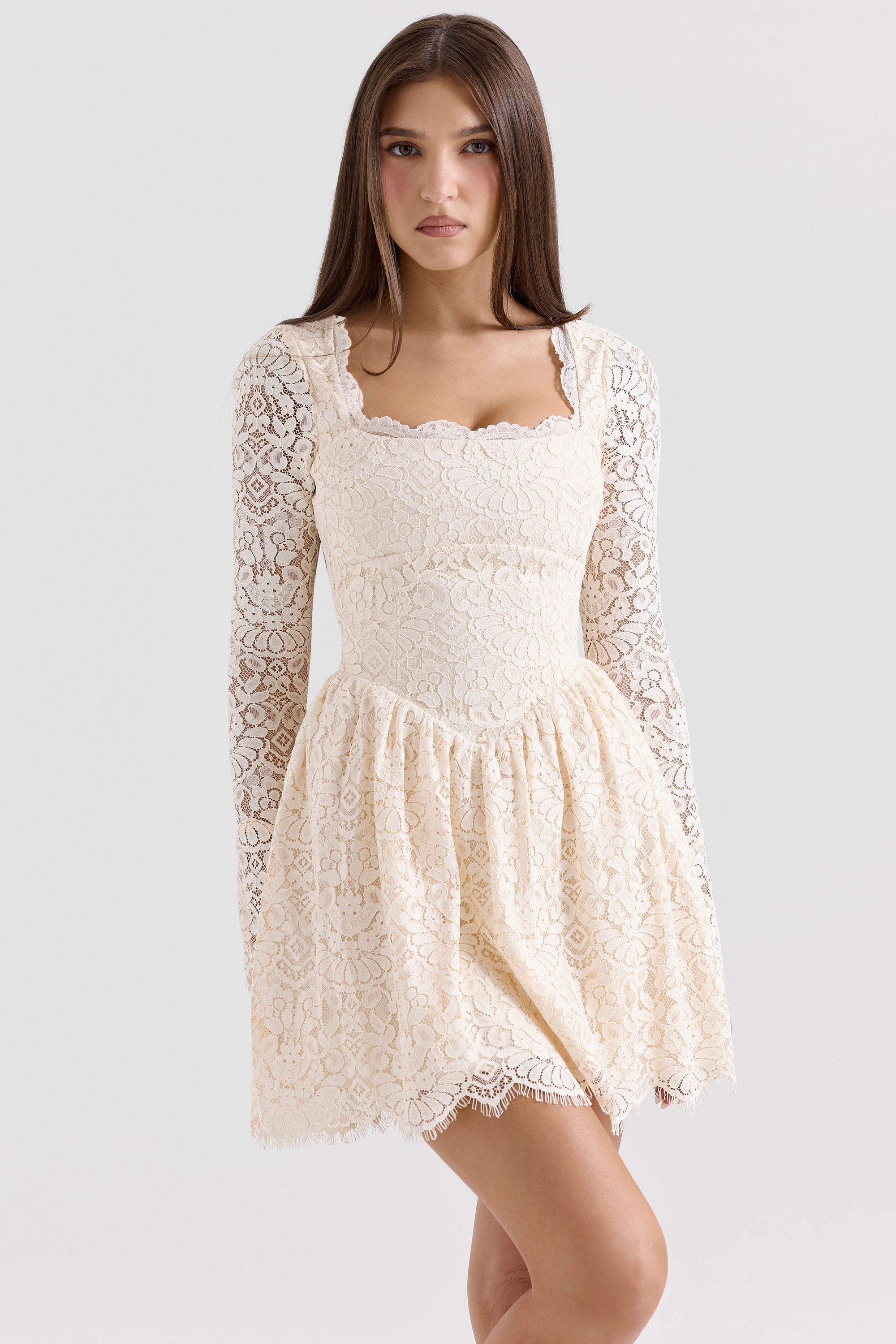 Cream Lace Long Sleeve Mini Dress - TREBLEV