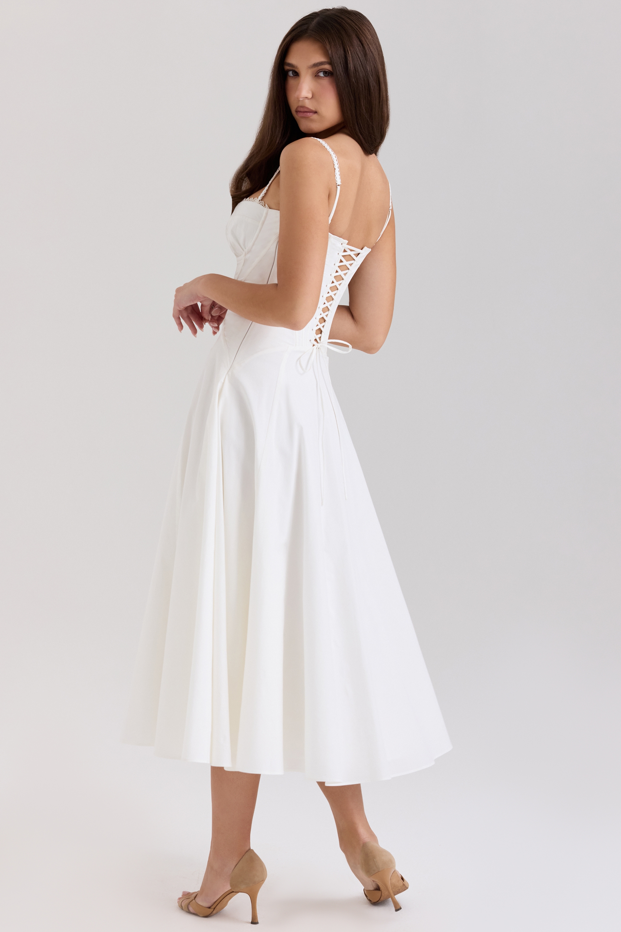 White Stretch Cotton Midi Sundress - TREBLEV