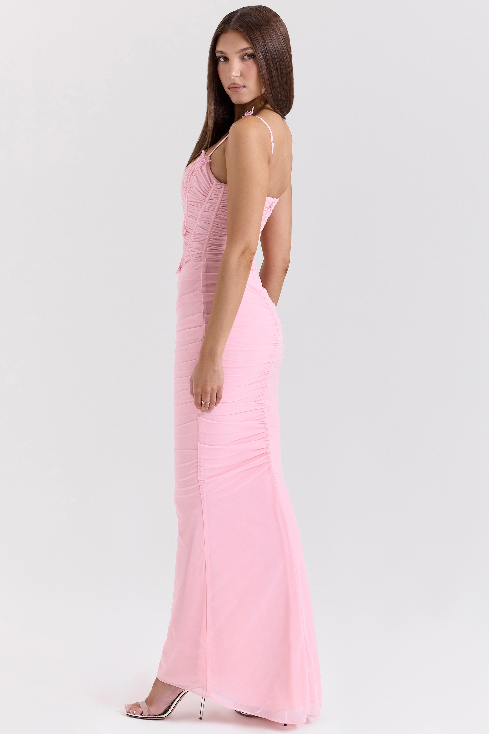 Pink Stretch Mesh Butterfly Maxi Dress - TREBLEV