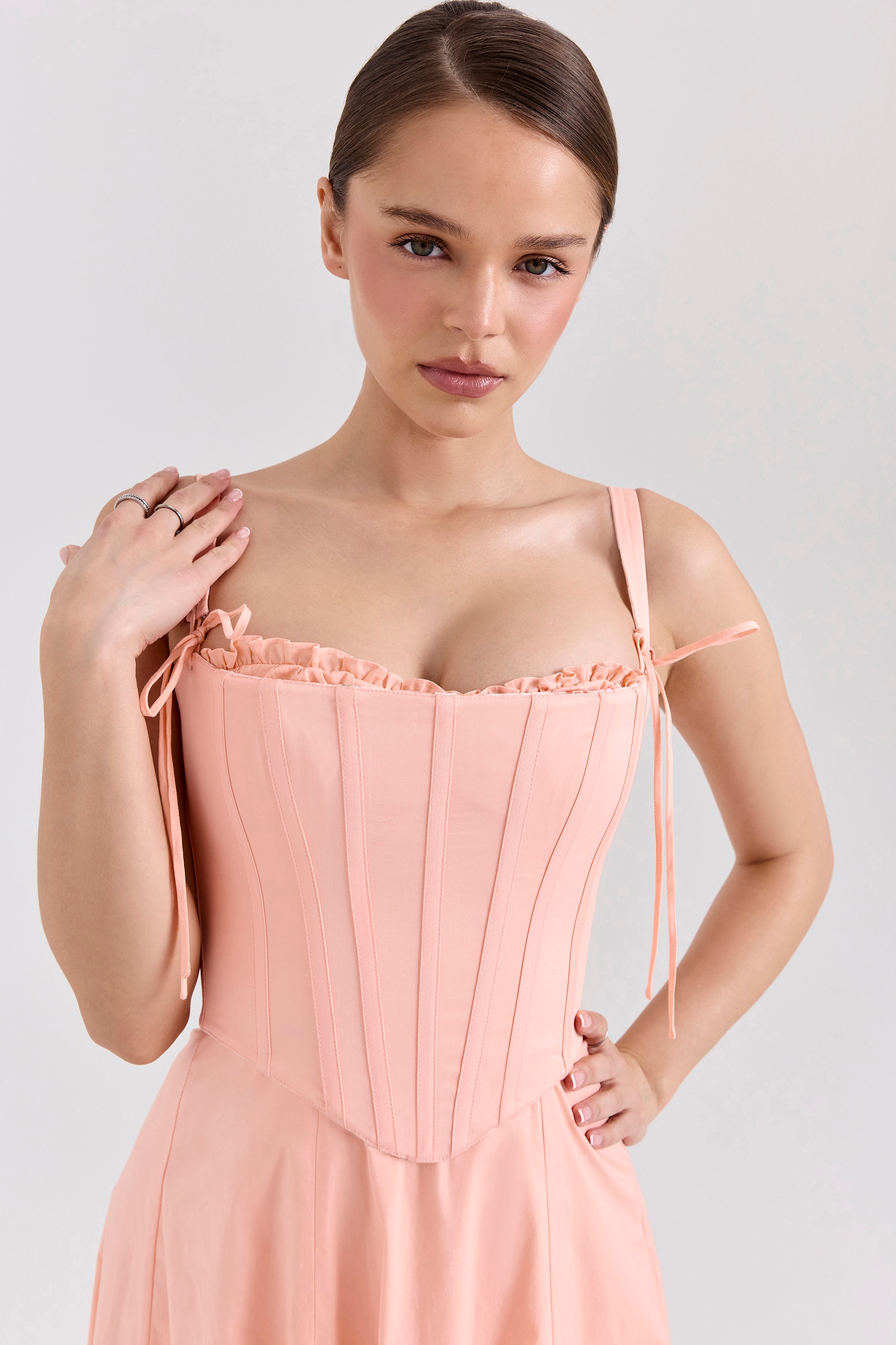Peach Cotton Detachable Corset Midi Sundress - TREBLEV