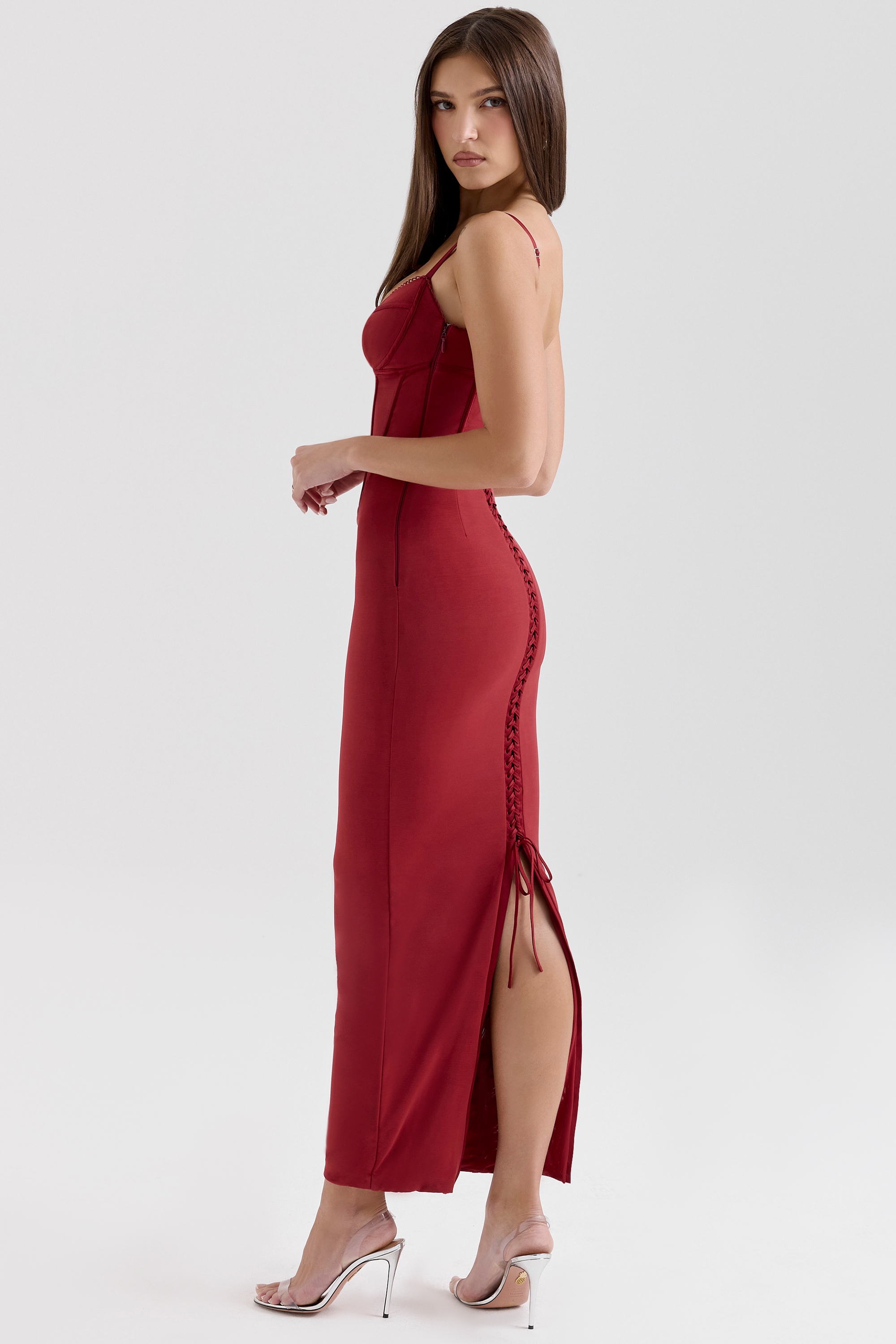 Wine Mesh Bodycon Maxi Dress - TREBLEV