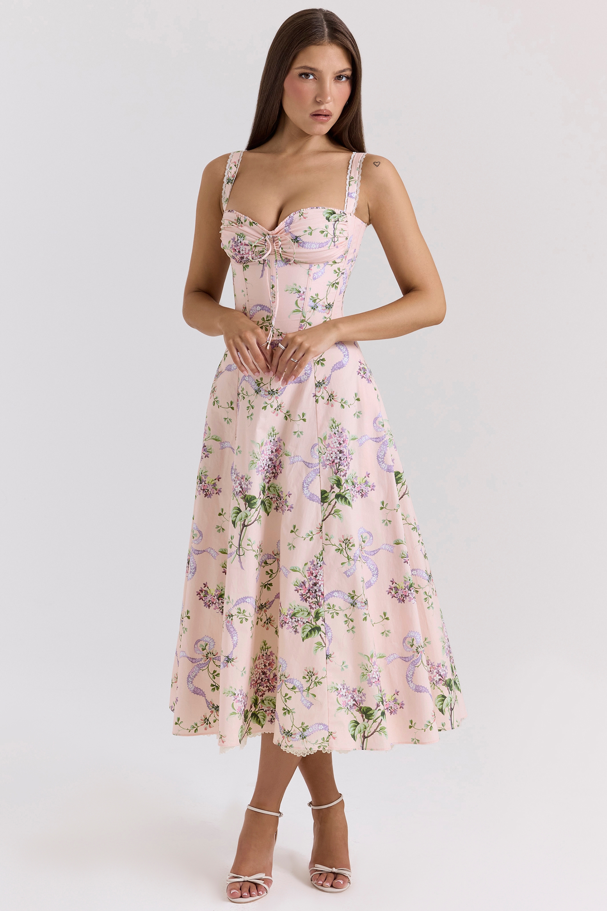 Pink Floral Corset Midi Dress - TREBLEV