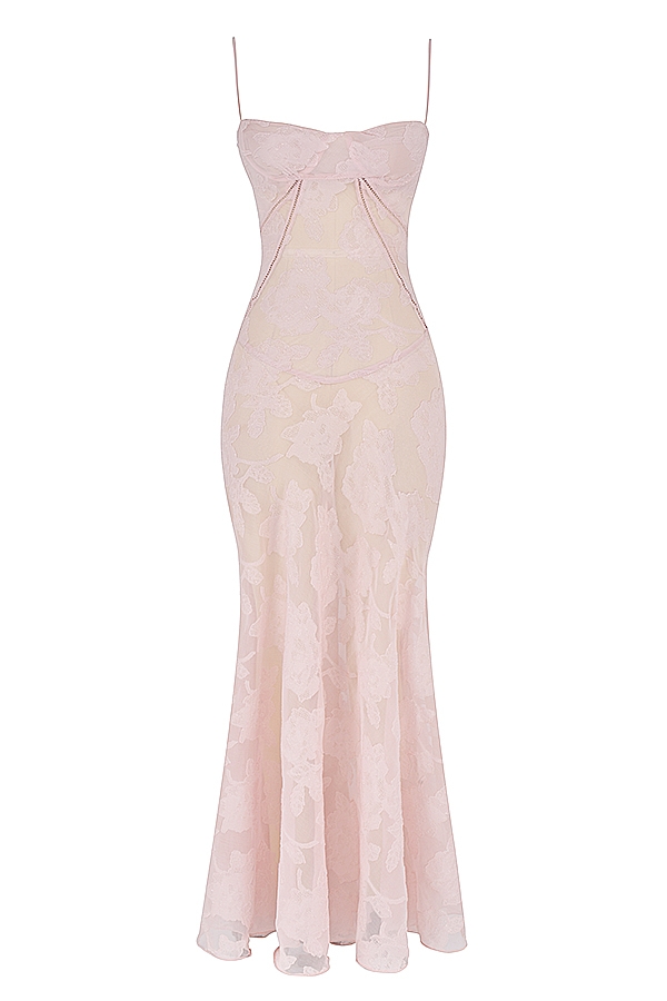 Soft Pink Floral Lace Back Maxi Dress - TREBLEV