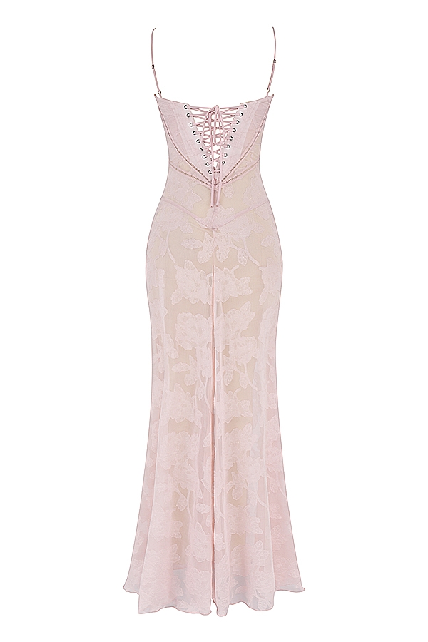 Soft Pink Floral Lace Back Maxi Dress - TREBLEV