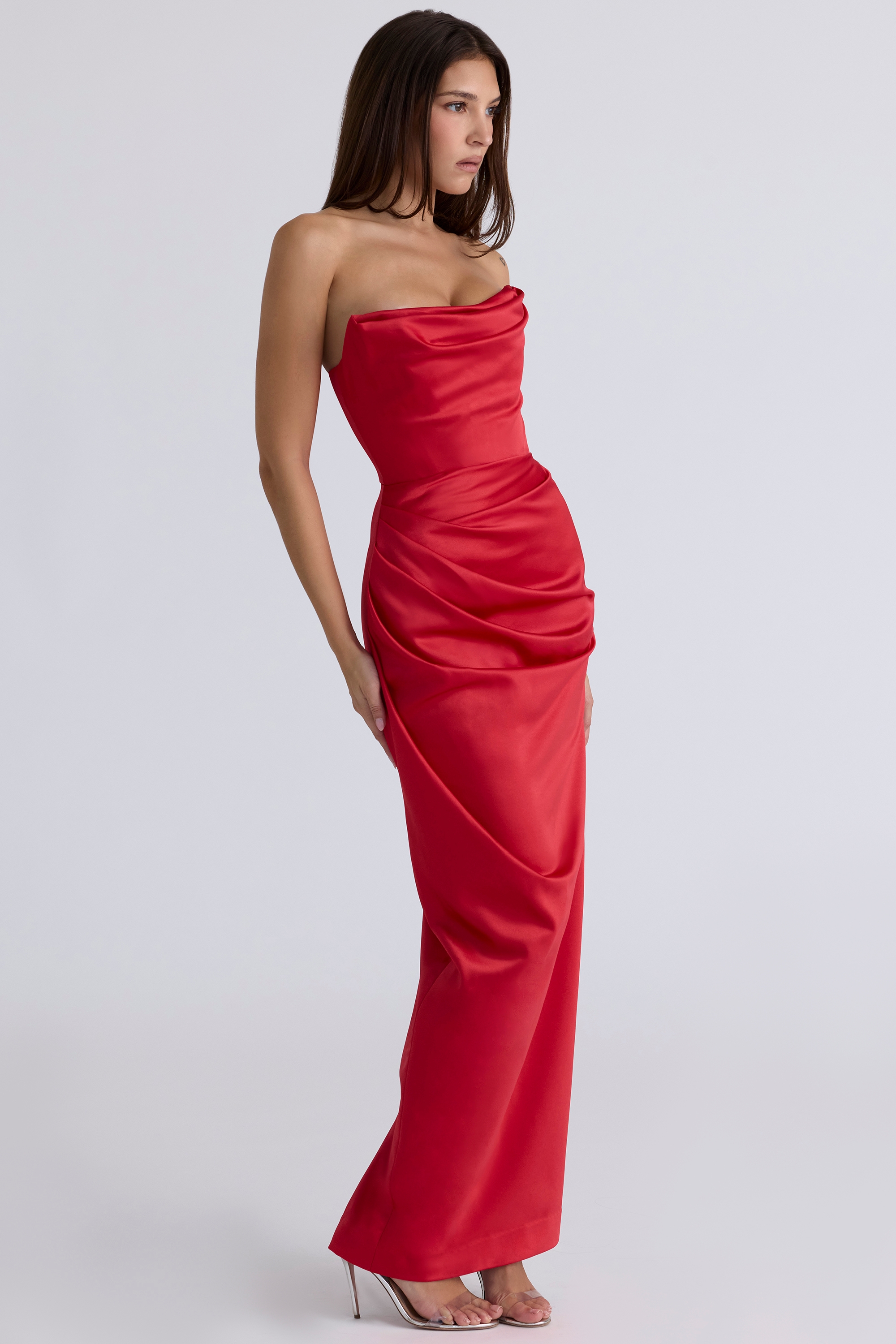 Scarlet Satin Strapless Gown - TREBLEV