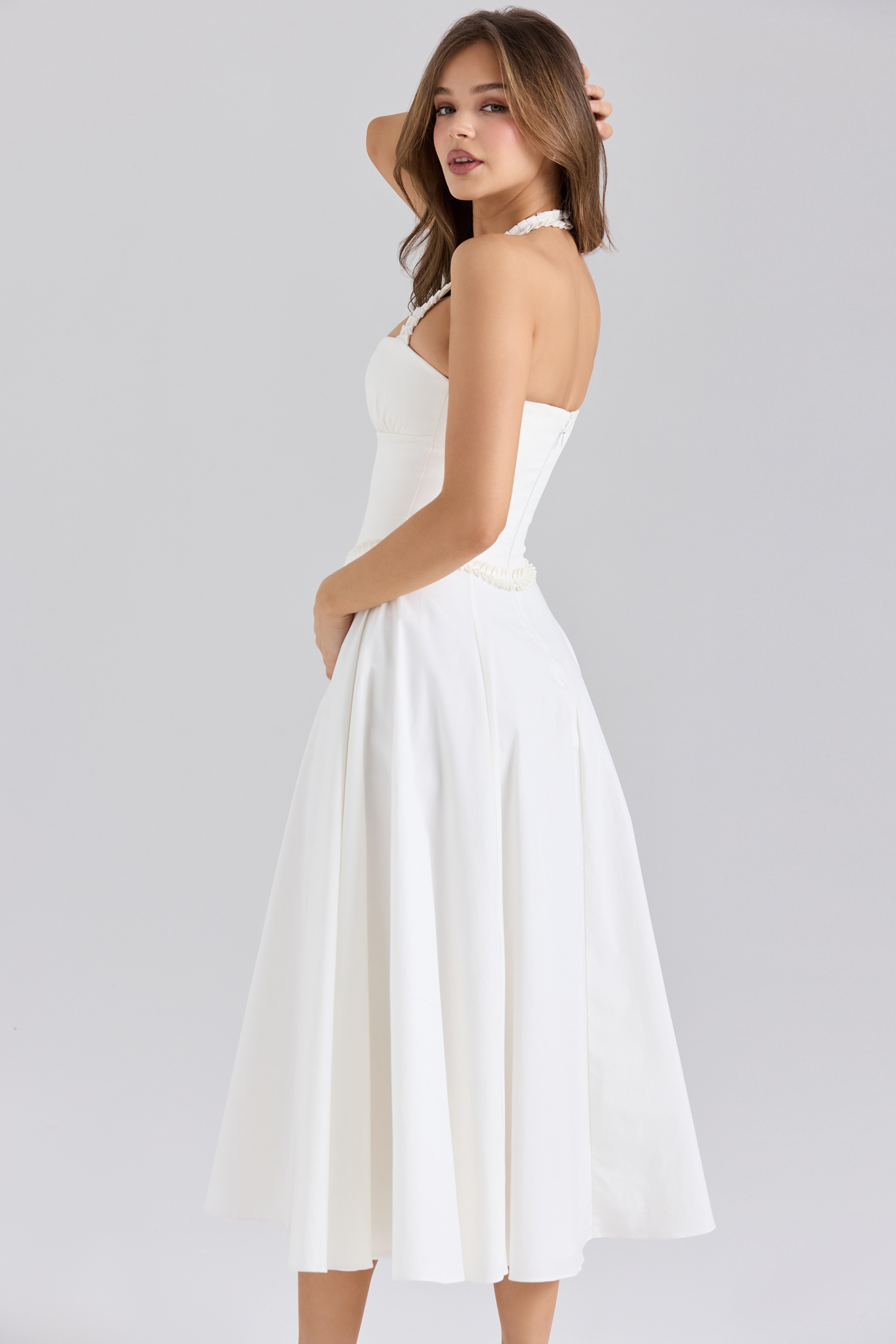 White Stretch Cotton Halter Neck Midi Dress - TREBLEV