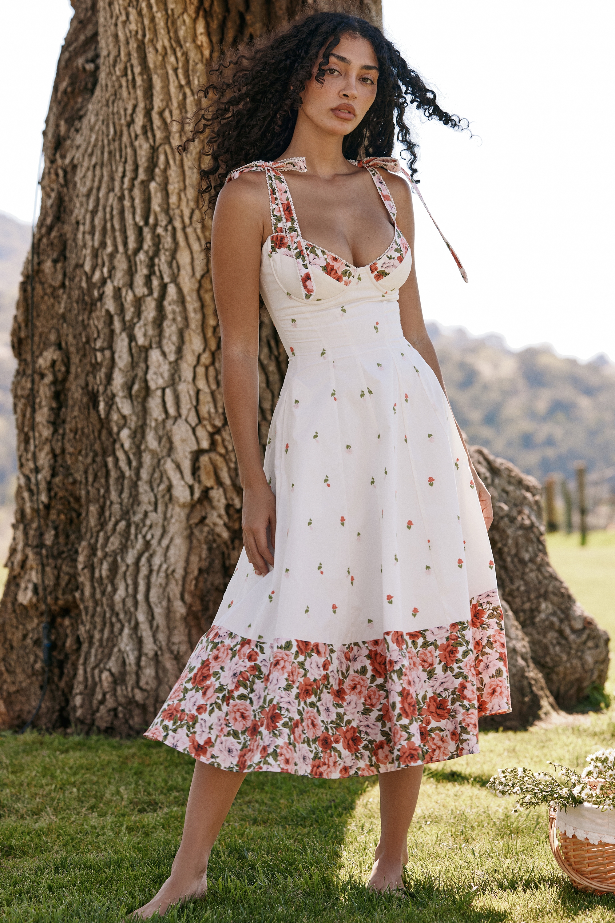 White Floral Print Stretch Cotton Midi Sundress - TREBLEV
