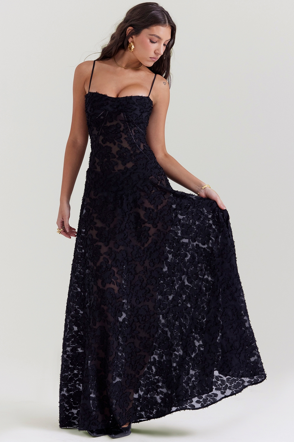 Black Floral Lace Back Maxi Dress - TREBLEV