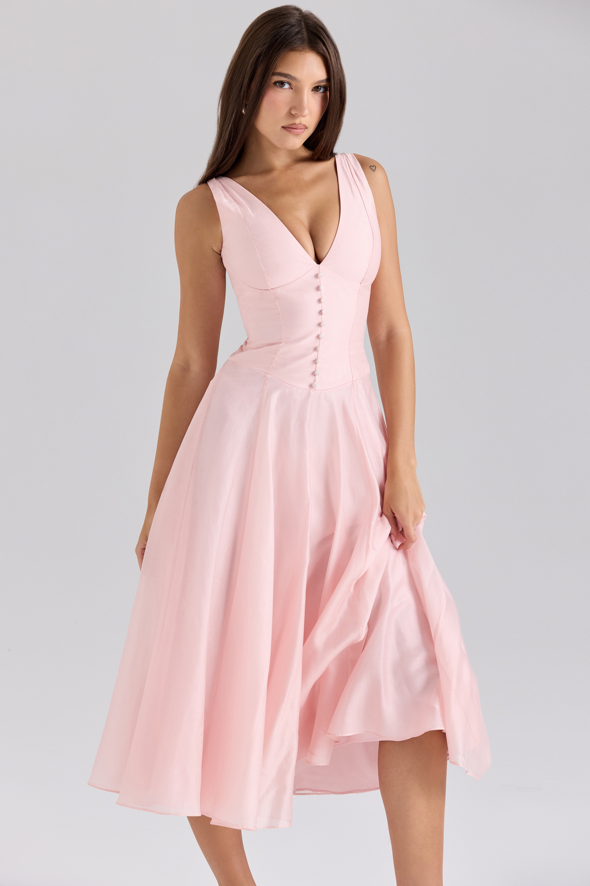 Pink Chiffon Button Midi Dress - TREBLEV