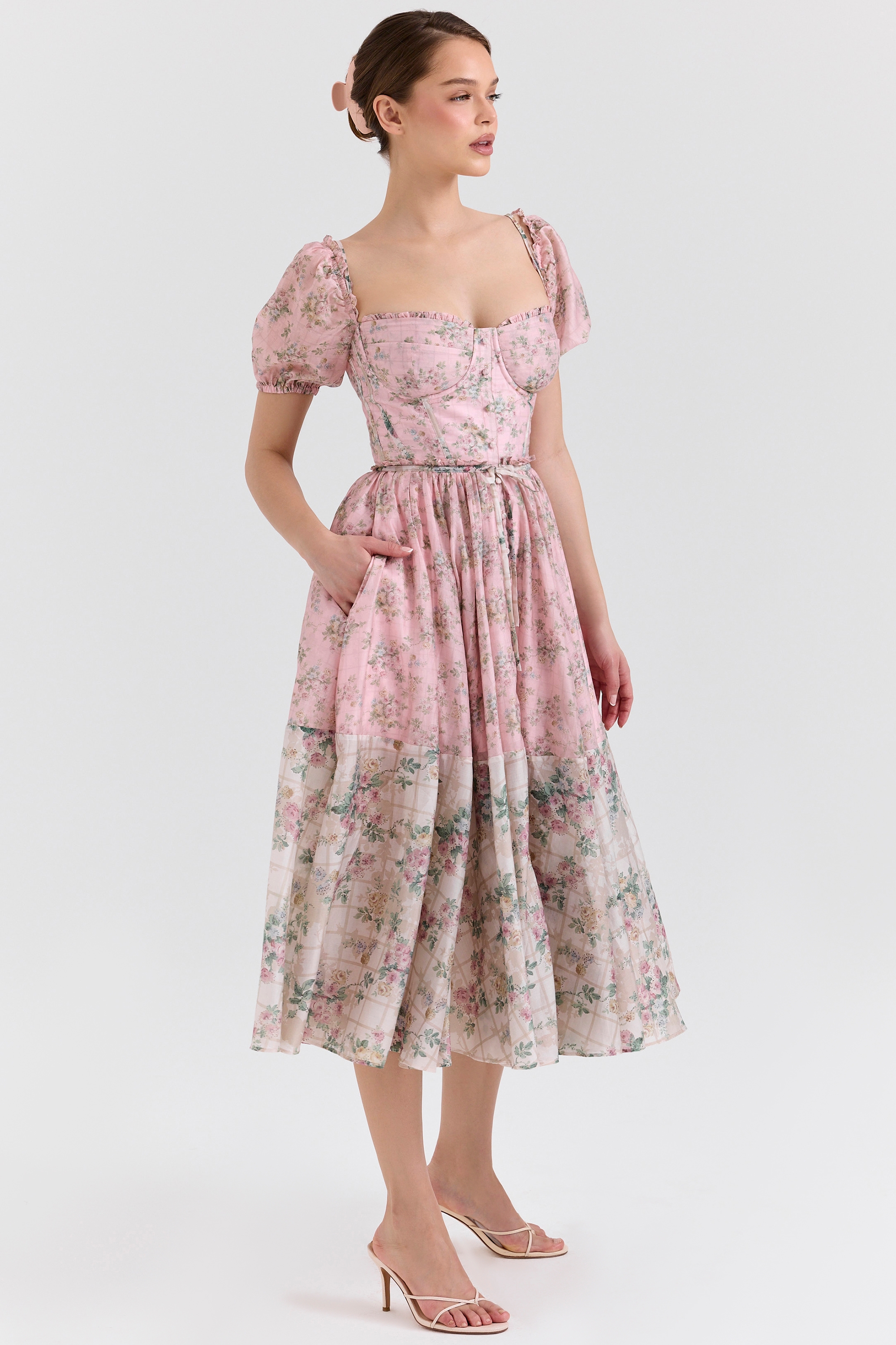 Pink Floral Chiffon Midi Dress - TREBLEV