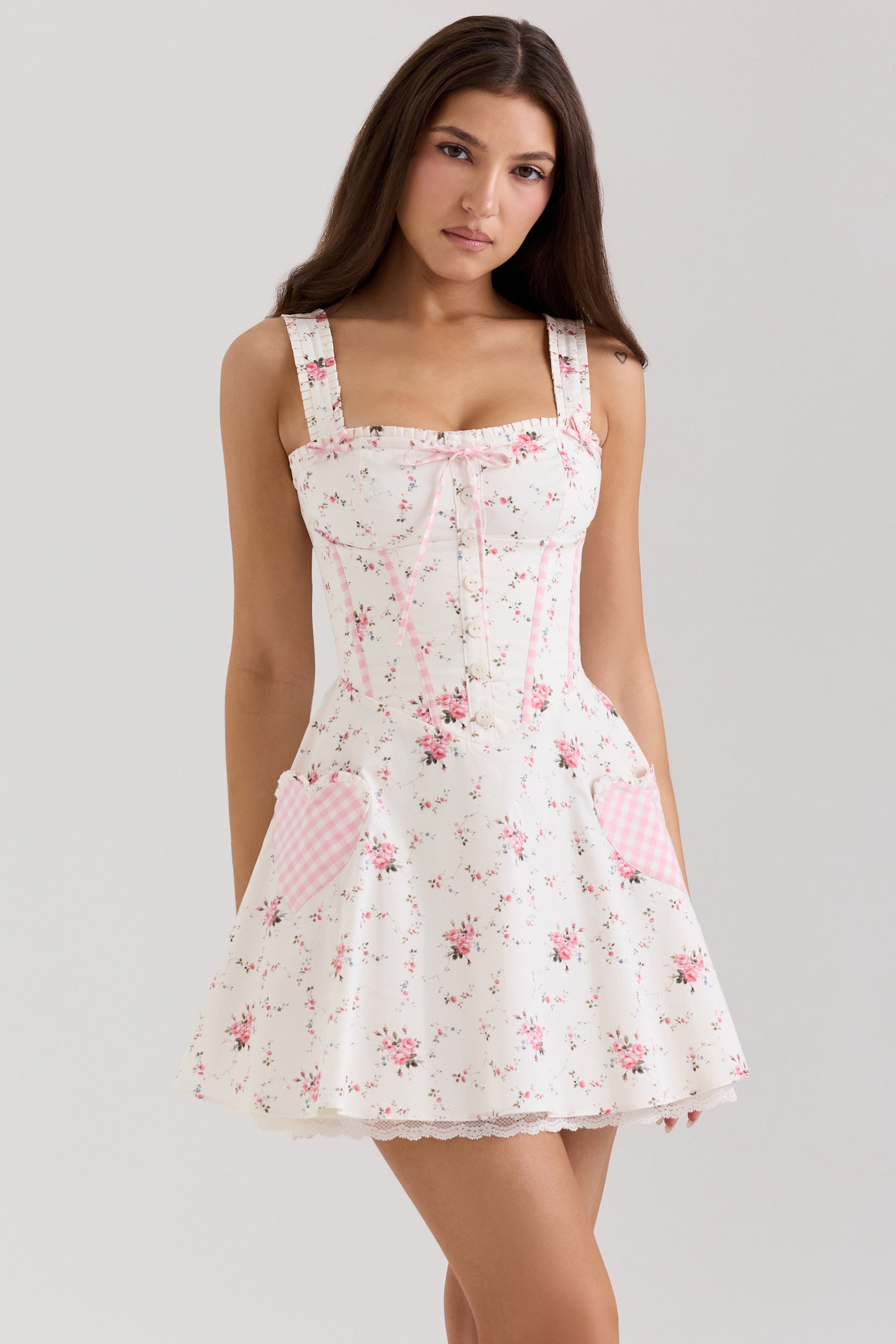 Cream Rose Print Stretch Cotton Mini Dress - TREBLEV