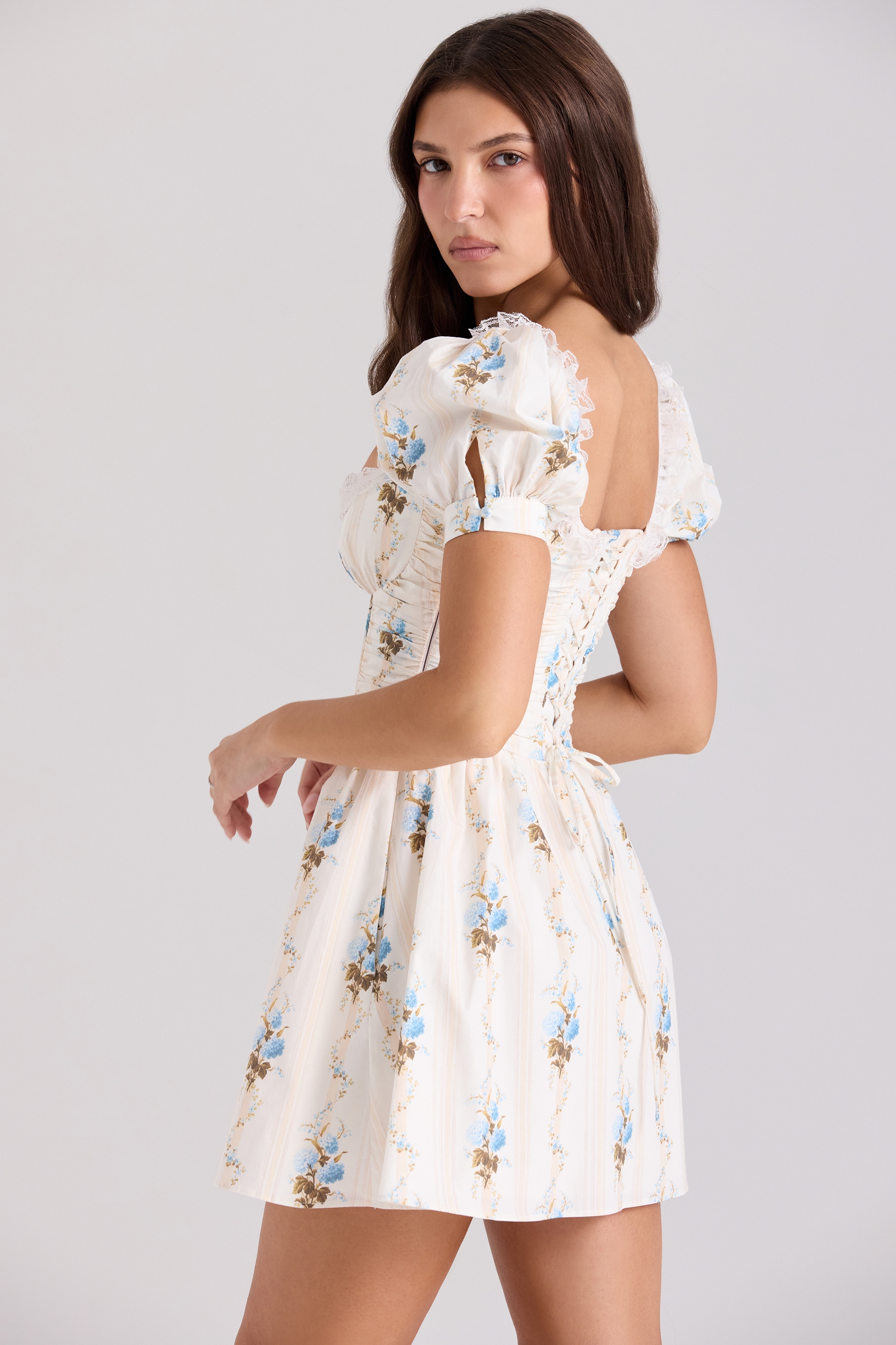 Cream Floral Print Cotton Mini Dress - TREBLEV