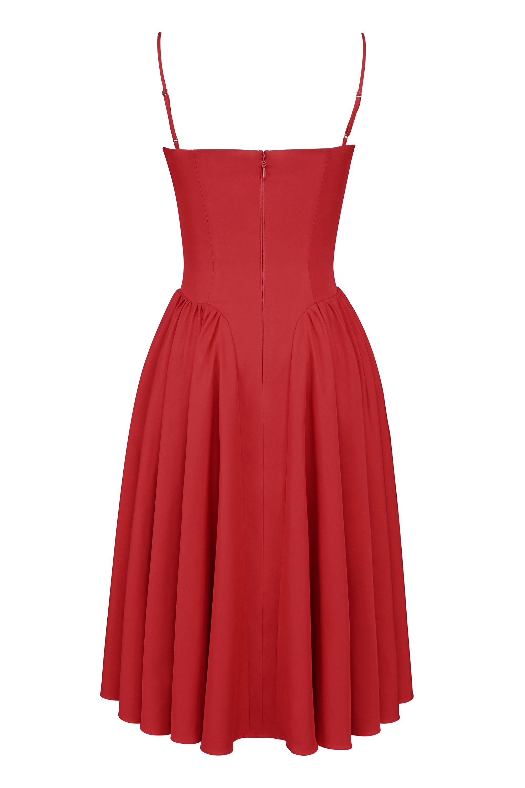 Red Gathered Midi Dress - TREBLEV