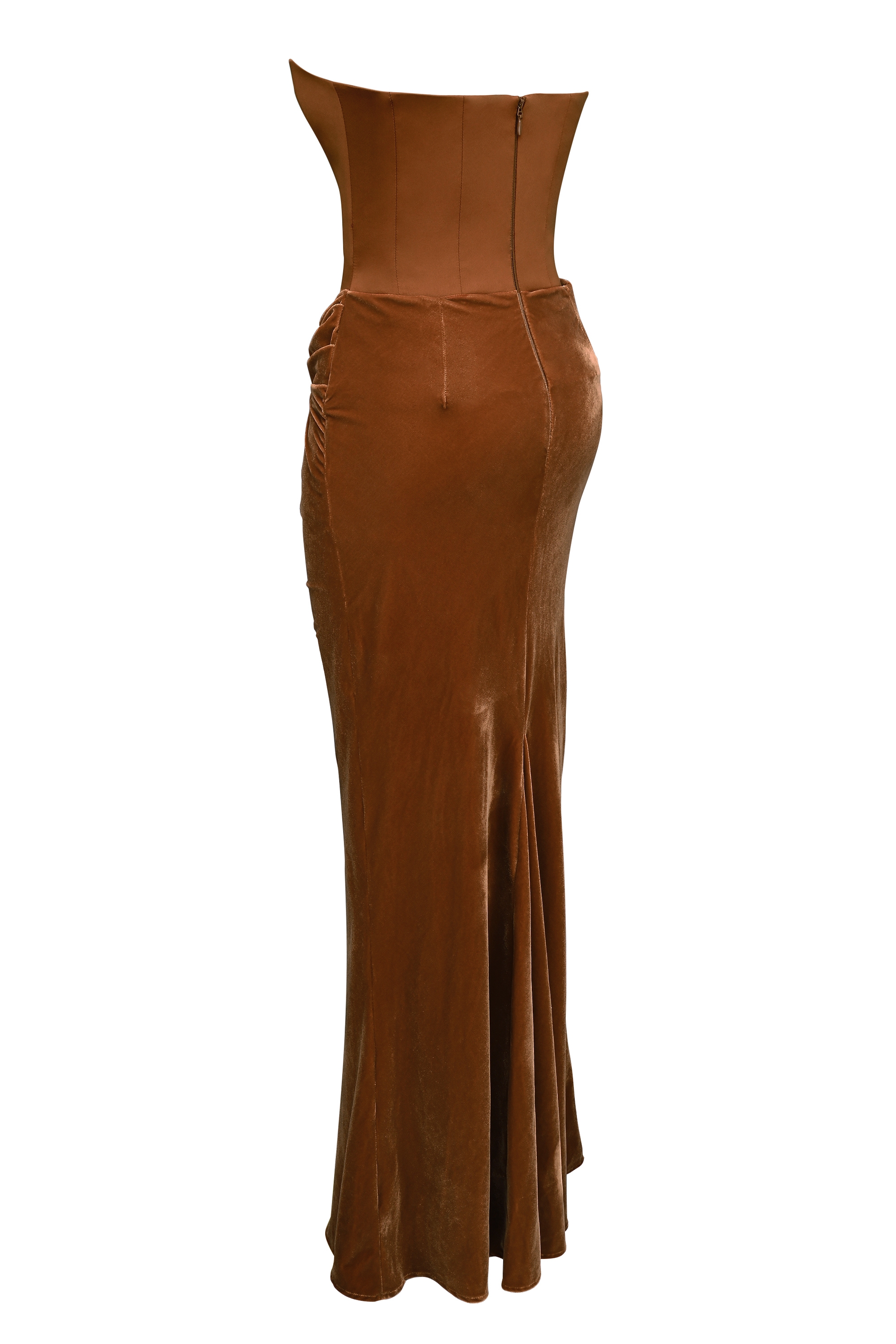 Coffee Velvet Strapless Corset Maxi Dress - TREBLEV