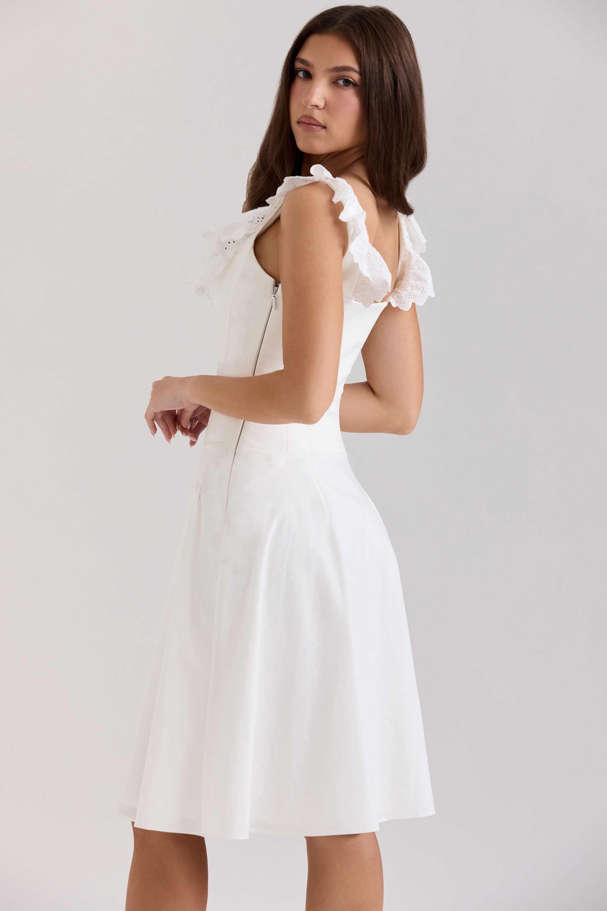 White Cotton Broderie Anglaise Trim Midi Dress - TREBLEV