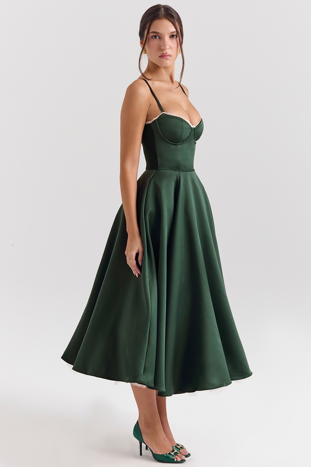 Forest Green Satin Tulle Midi Dress - TREBLEV