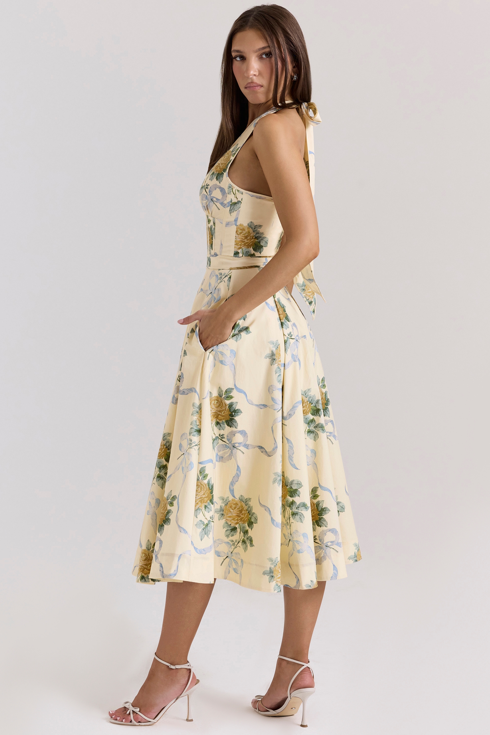 Lemon Ribbon Stretch Cotton Halter Midi Sundress - TREBLEV