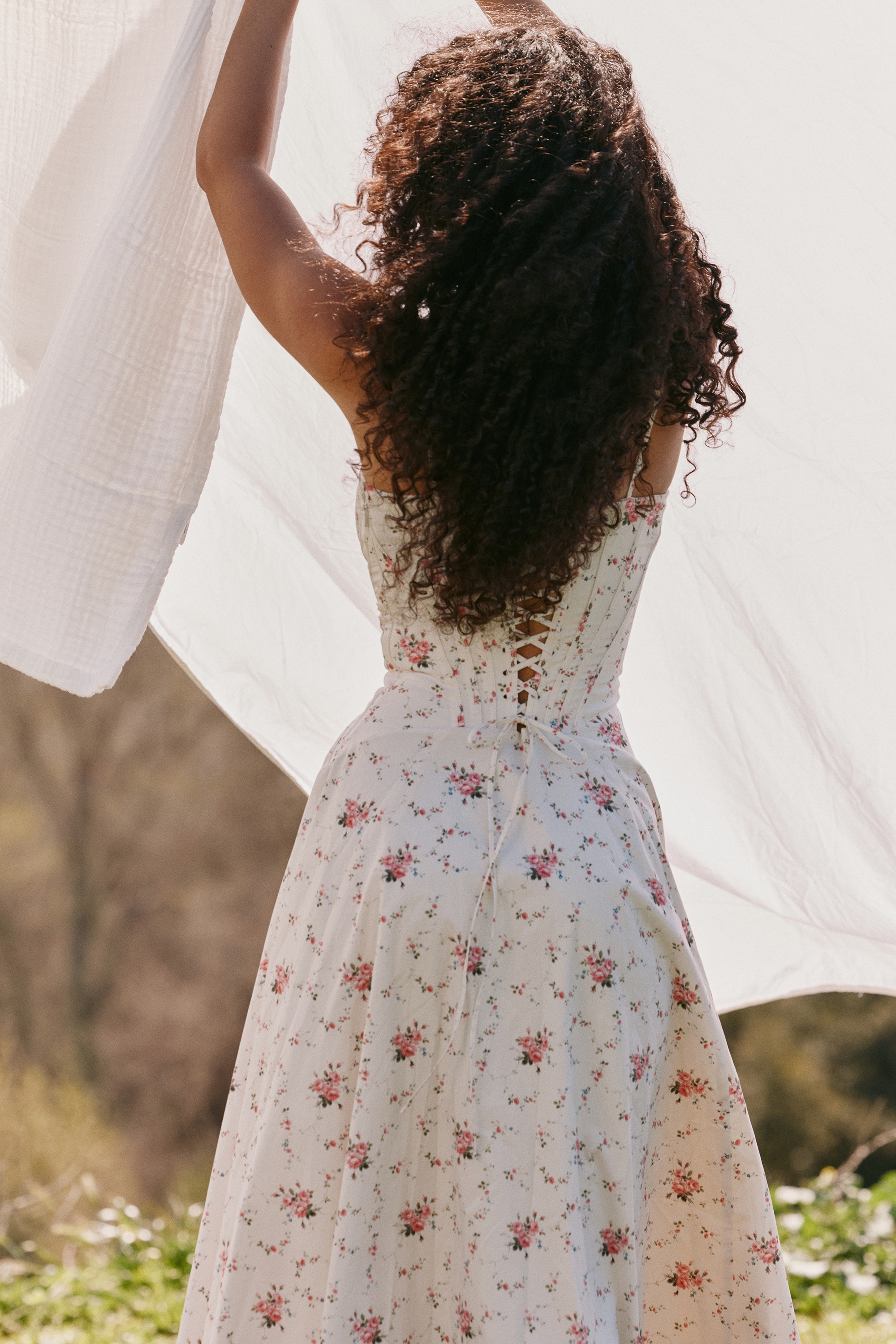 White Stretch Cotton Rose Print Midi Sundress - TREBLEV