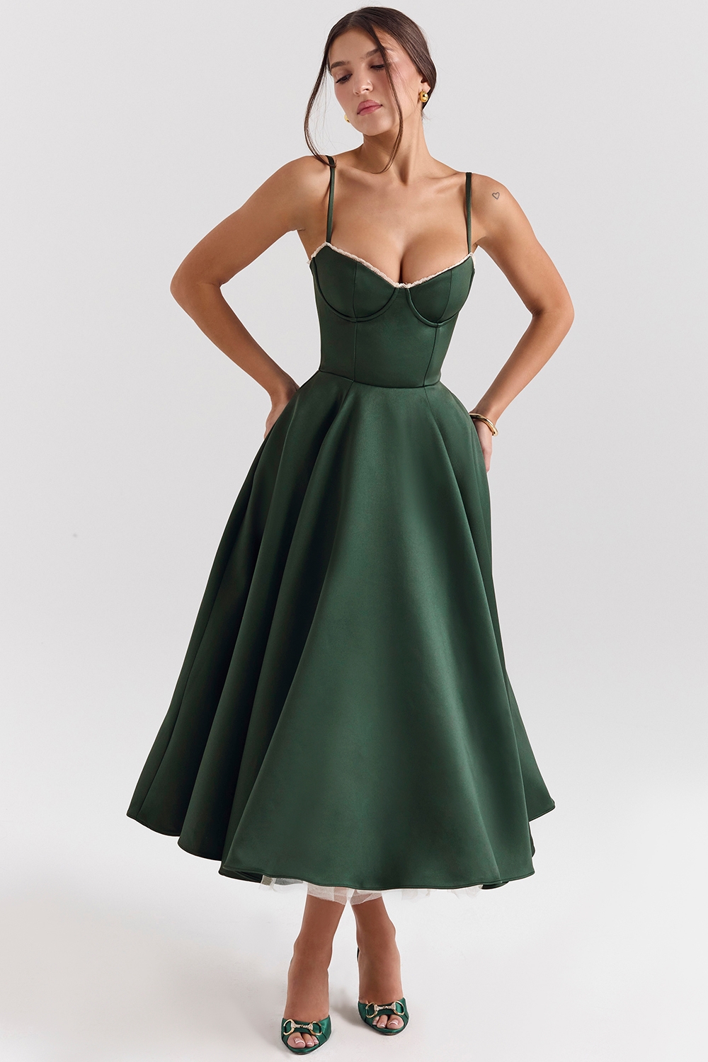 Forest Green Satin Tulle Midi Dress - TREBLEV