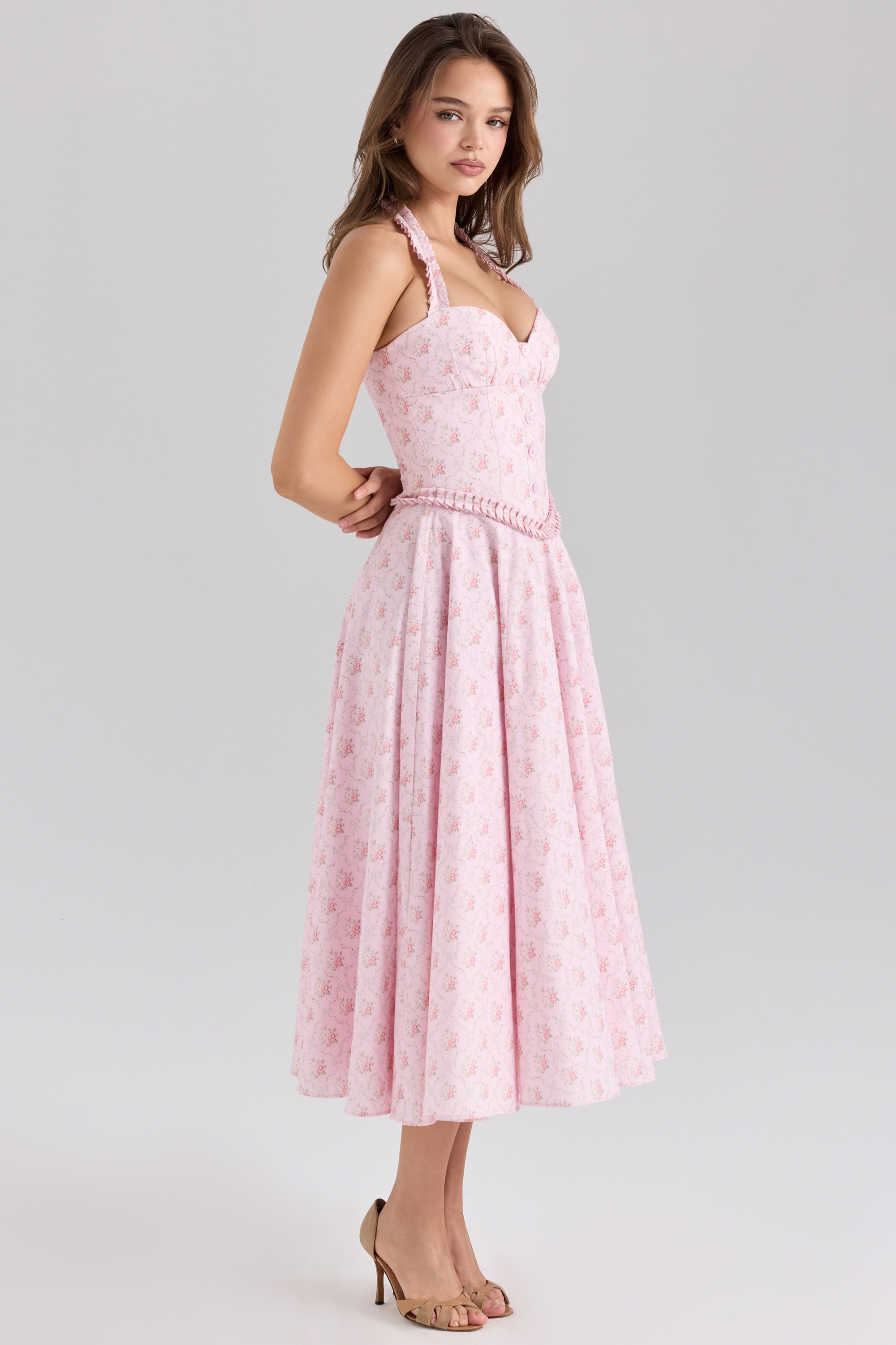 Pink Rose Print Stretch Cotton Halter Neck Midi Dress - TREBLEV