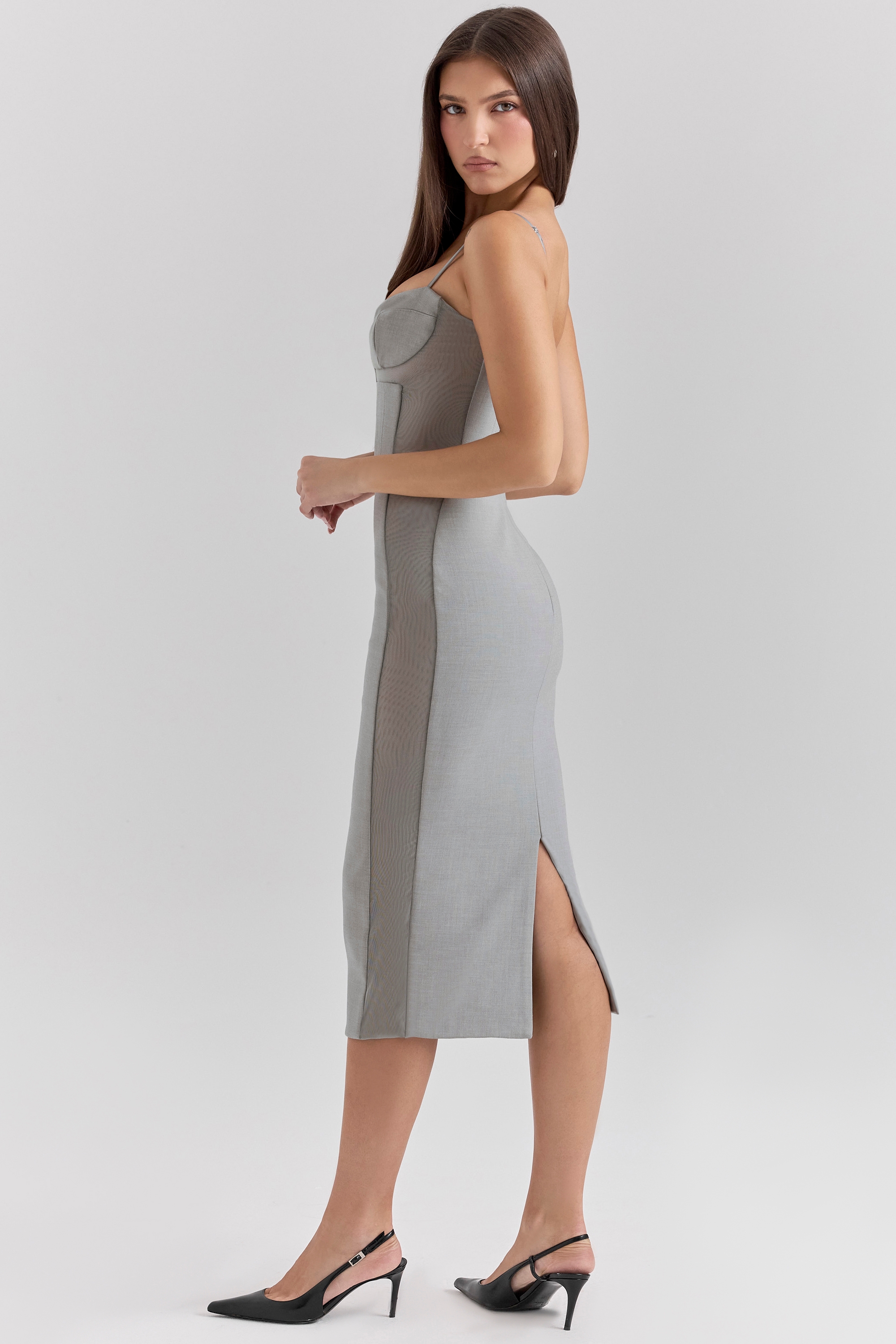 Light Grey Mesh Panelled Bodycon Midi Dress - TREBLEV