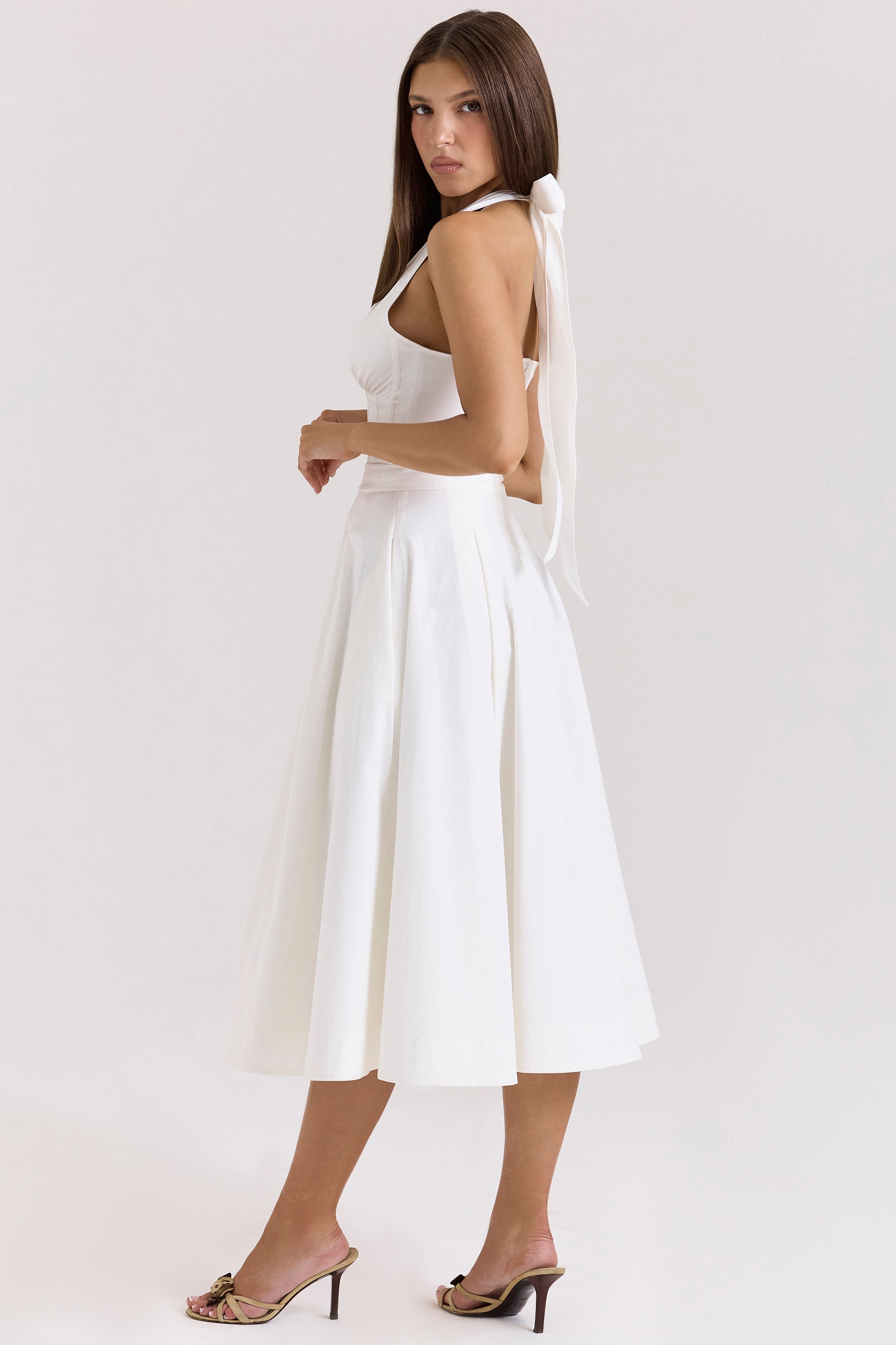 White Stretch Cotton Halter Midi Sundress - TREBLEV
