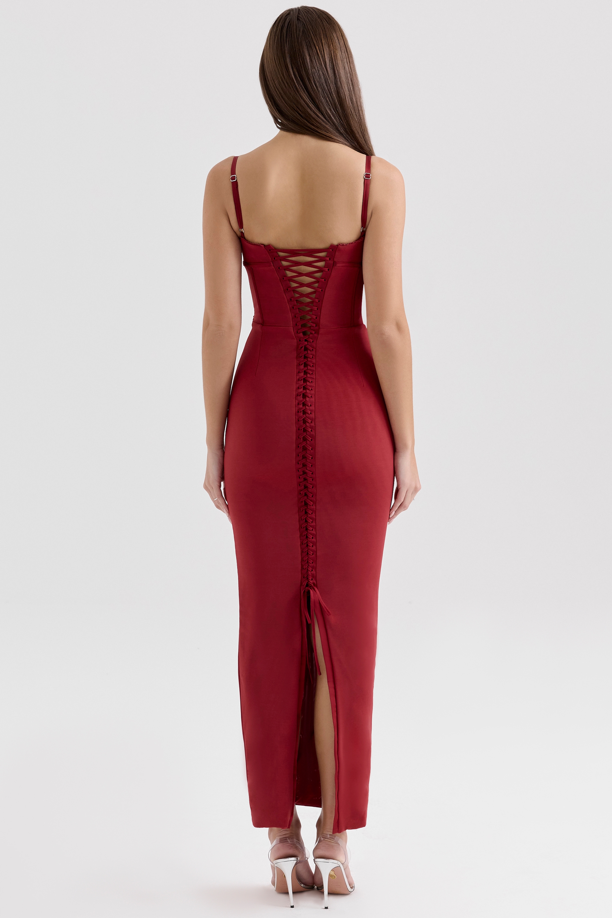 Wine Mesh Bodycon Maxi Dress - TREBLEV