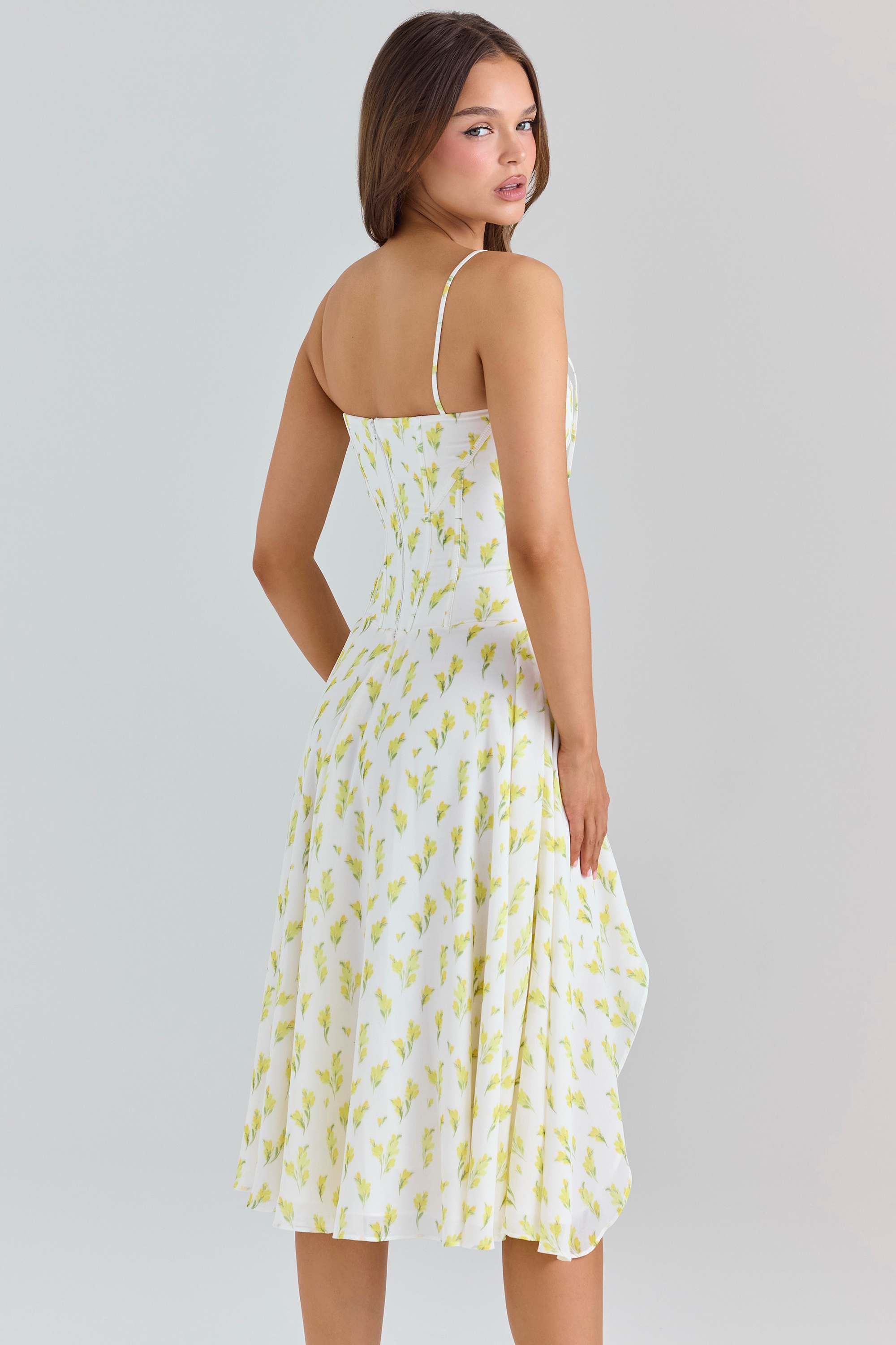 Lemon Floral Print Georgette Midi Dress - TREBLEV