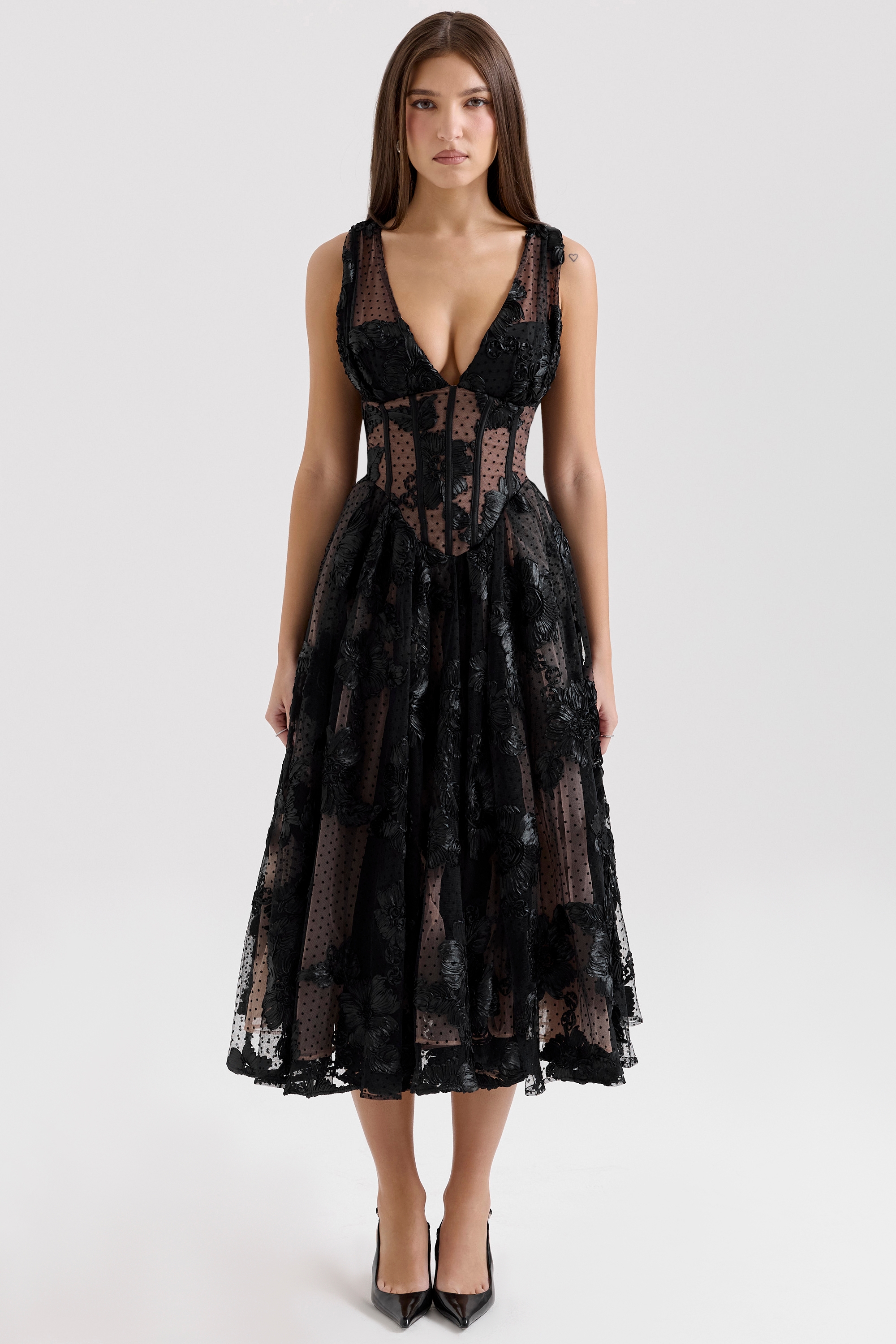Black Embroidered Tulle Corset Midi Dress - TREBLEV