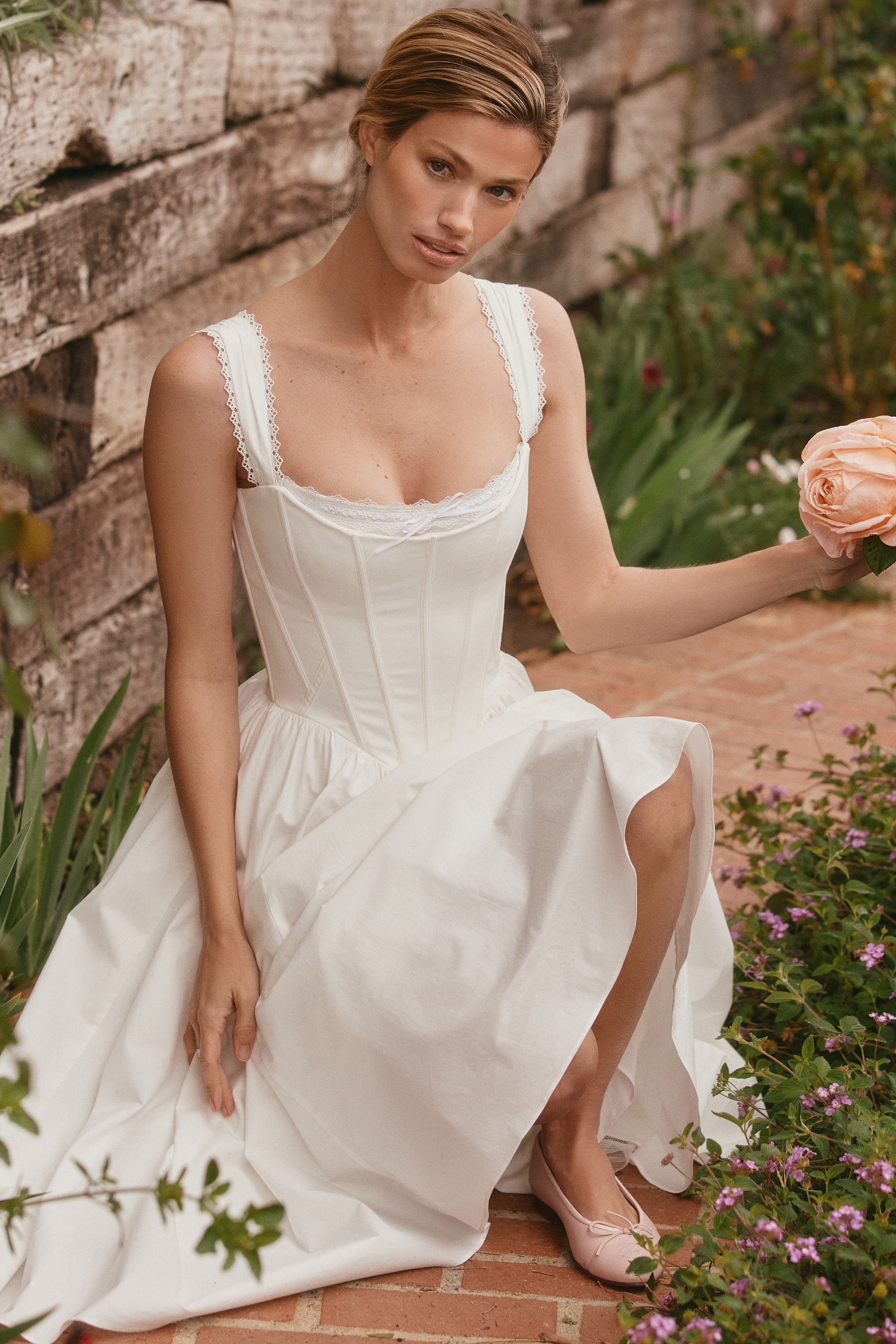 White Stretch Cotton Corset Midi Dress - TREBLEV