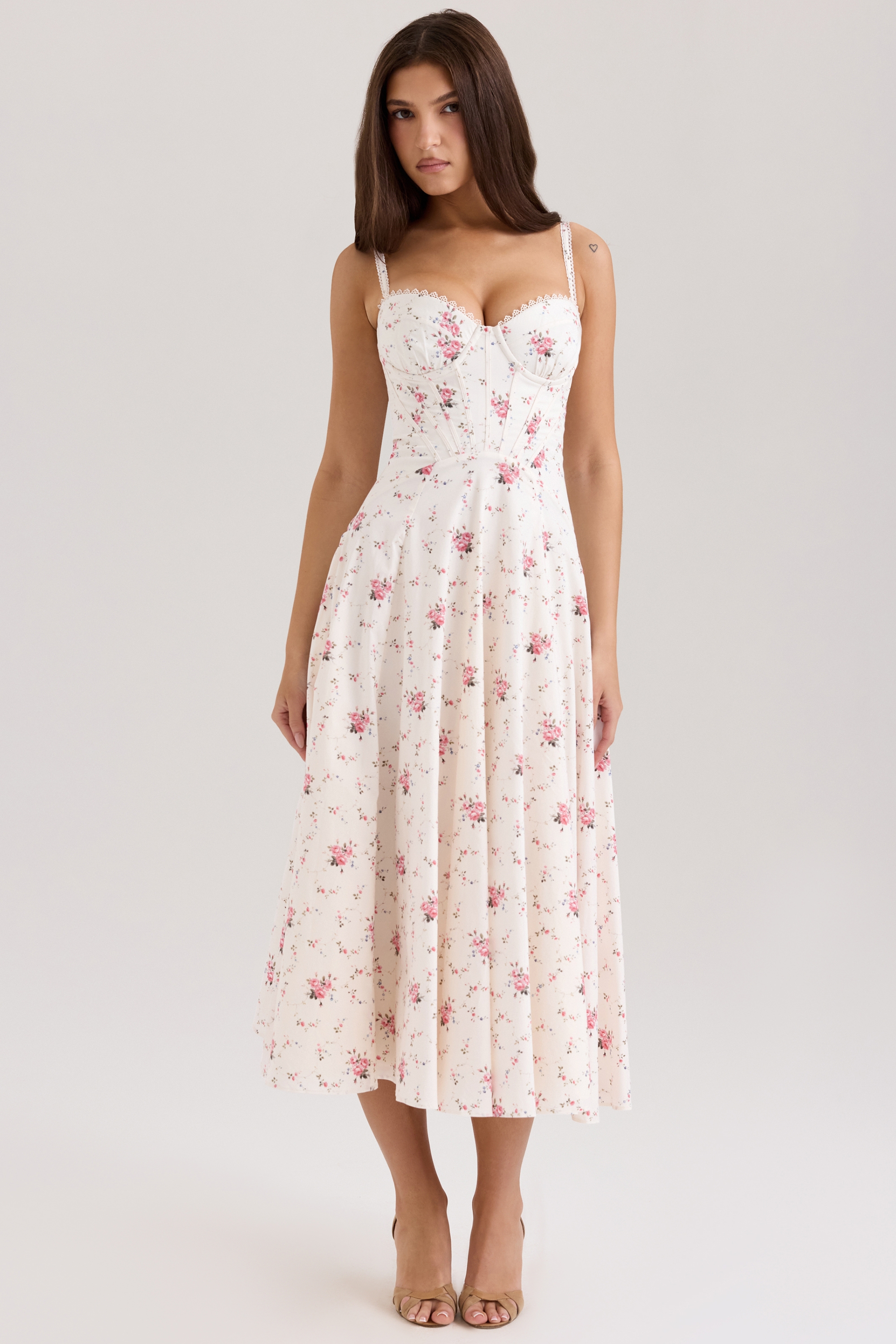 White Stretch Cotton Rose Print Midi Sundress - TREBLEV