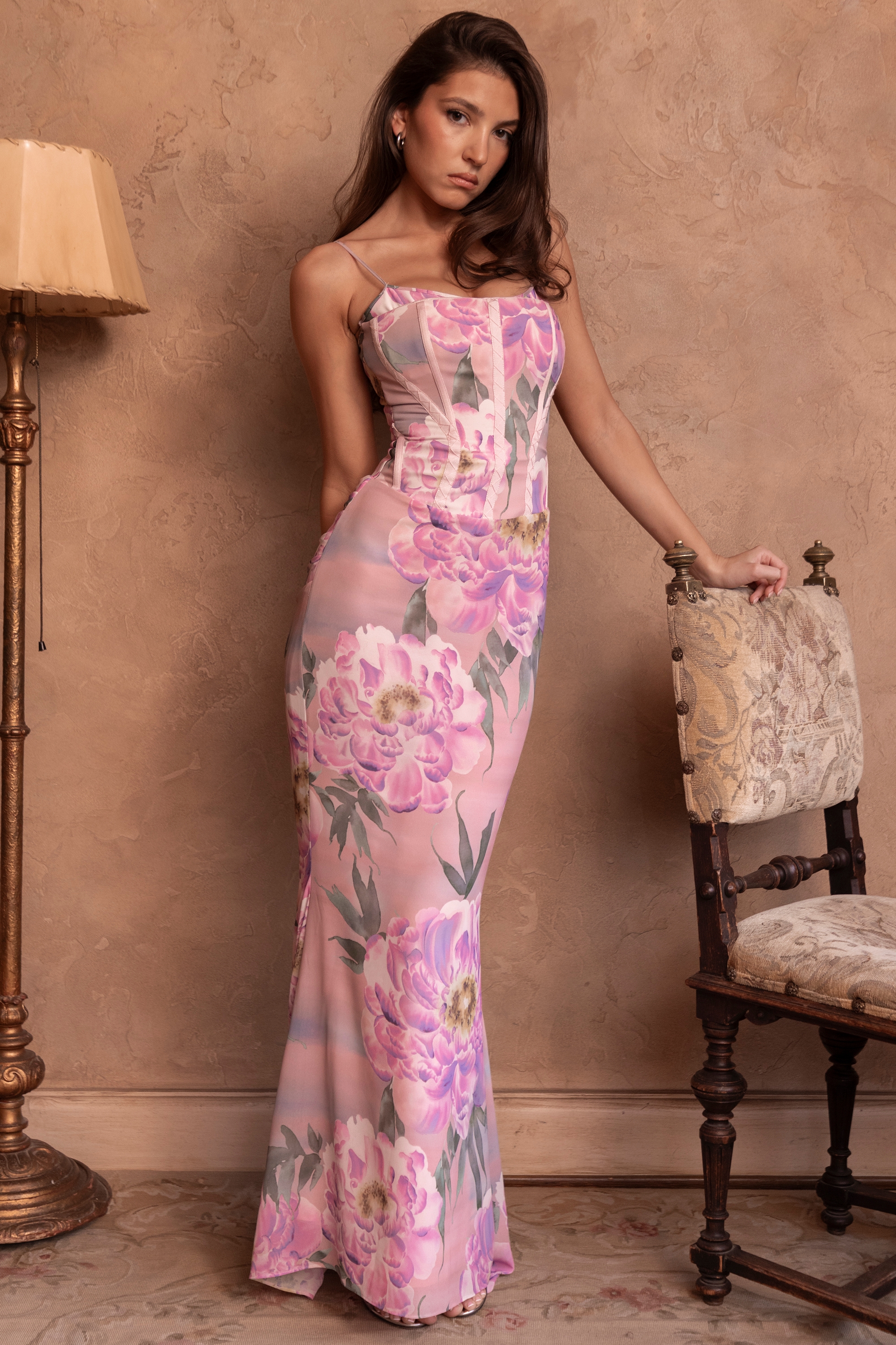 Pink Floral Corset Maxi Dress - TREBLEV
