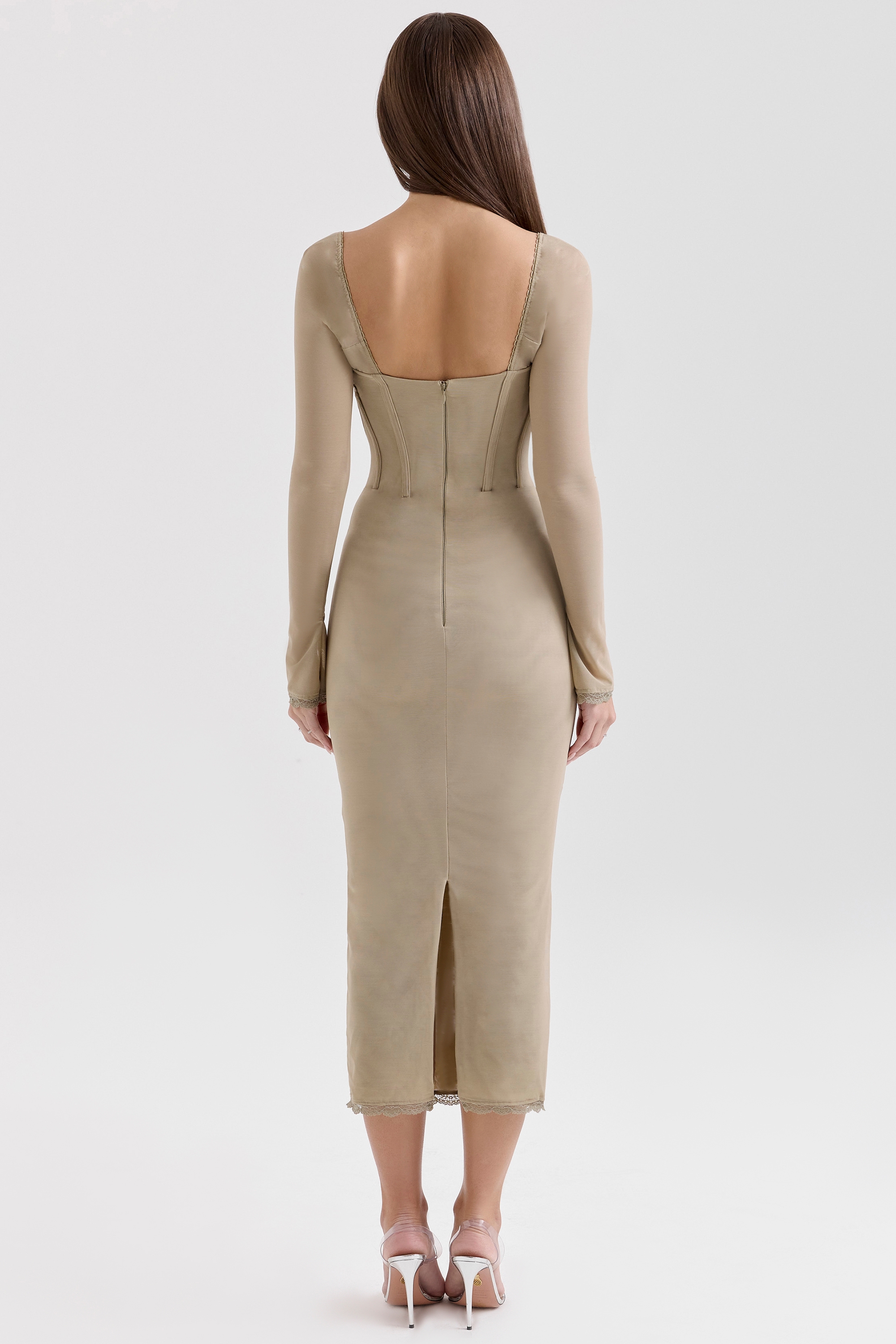 Beige Mesh Long Sleeve Bodycon Midi Dress - TREBLEV