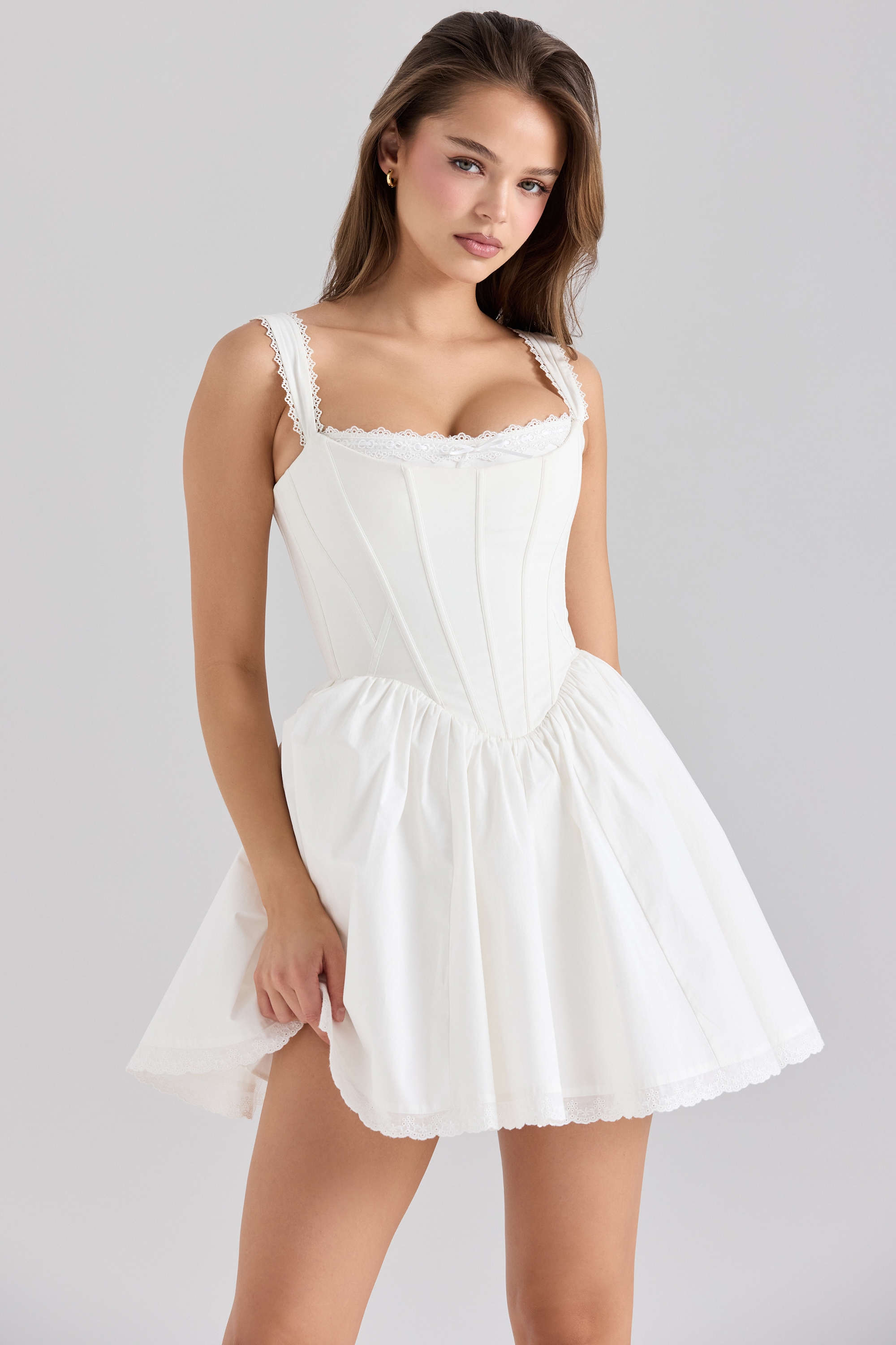 White Stretch Cotton Corset Mini Dress - TREBLEV