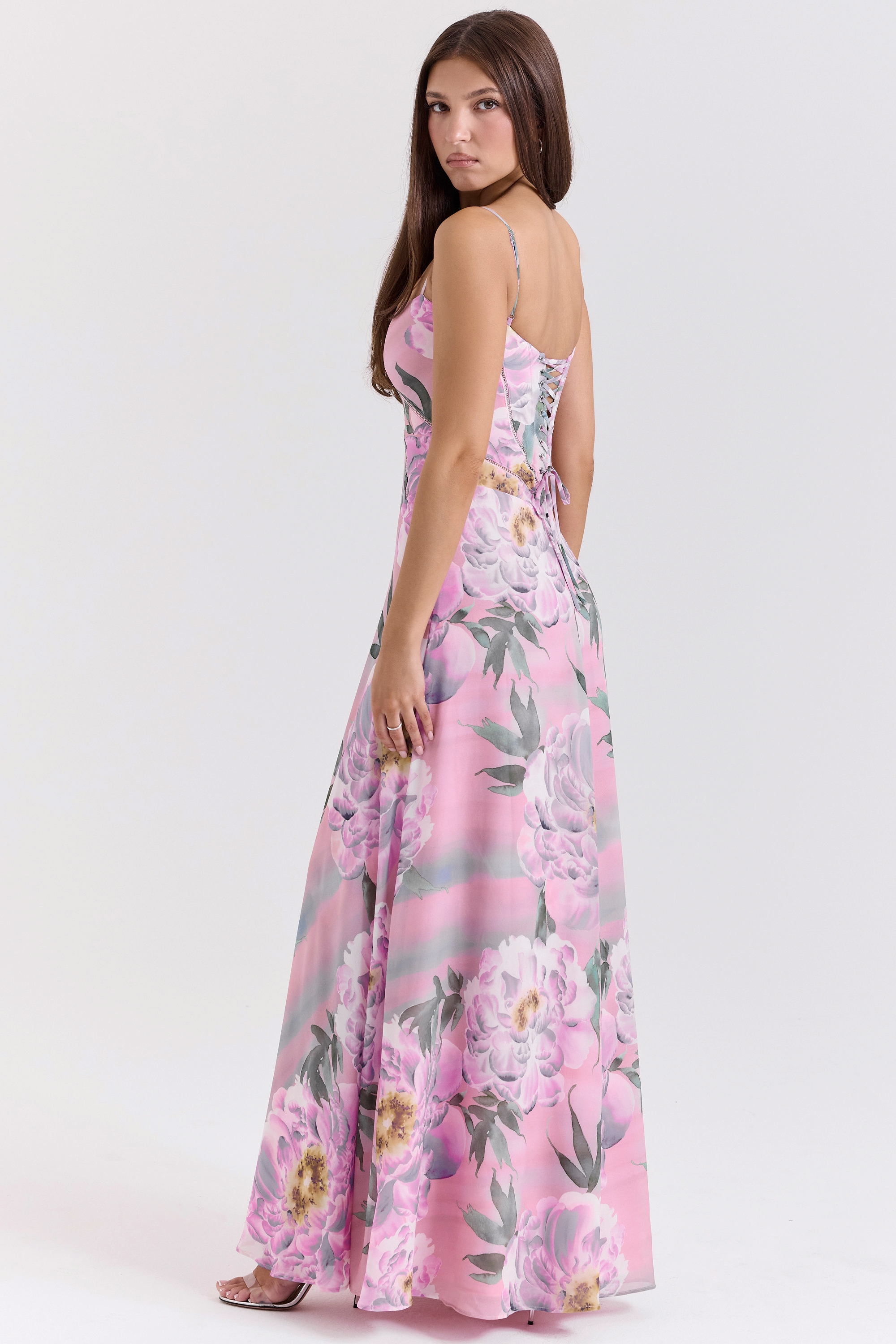 Pink Floral Print Lace Back Maxi Dress - TREBLEV
