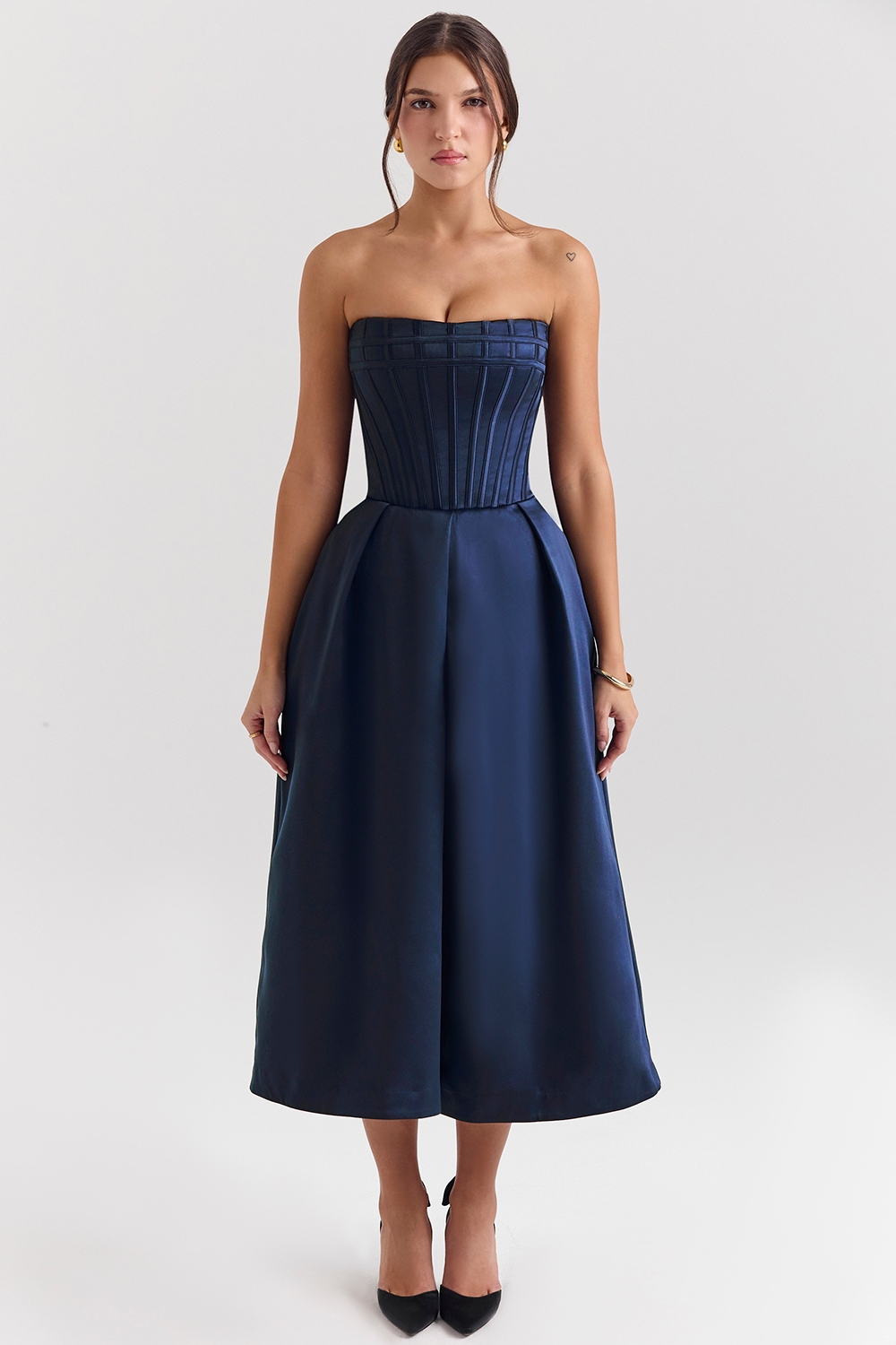 Midnight Blue Strapless Detachable Bow Midi Dress - TREBLEV