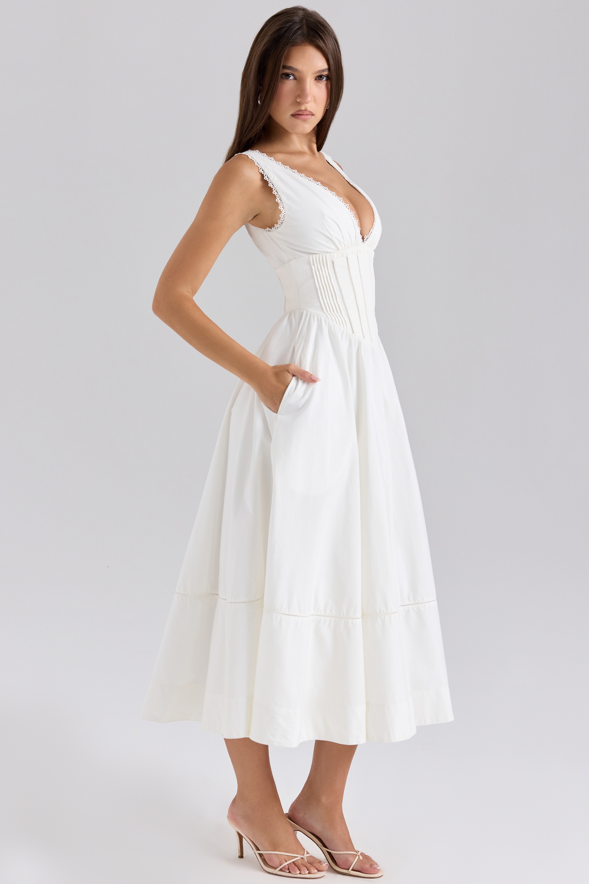 White Stretch Cotton Midi Sundress - TREBLEV