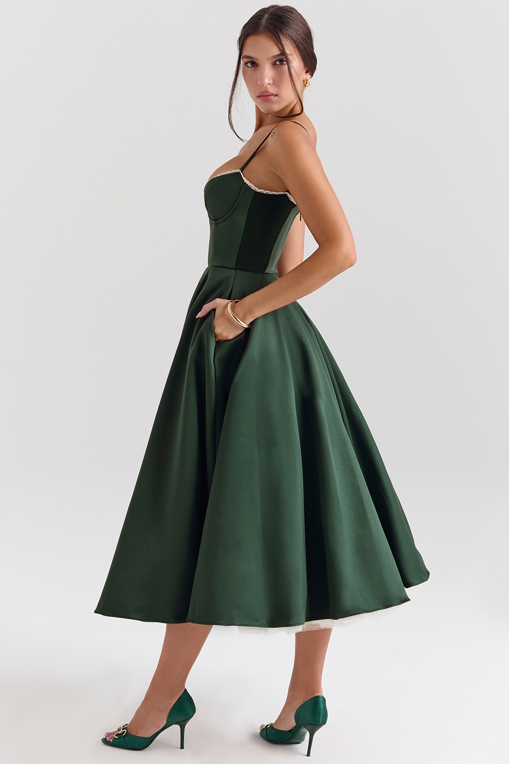 Forest Green Satin Tulle Midi Dress - TREBLEV