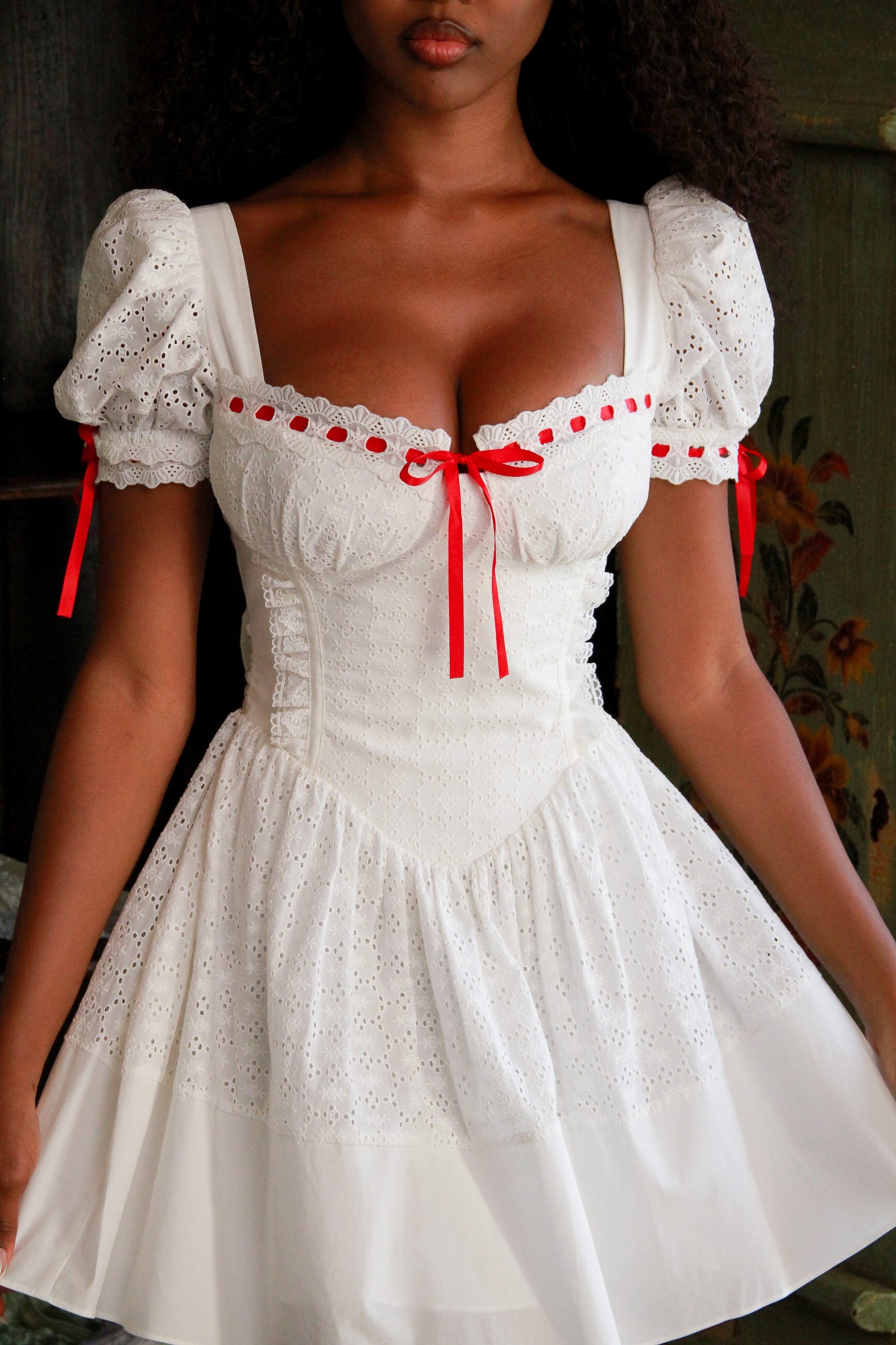 White Broderie Anglaise Puff Sleeve Mini Dress - TREBLEV