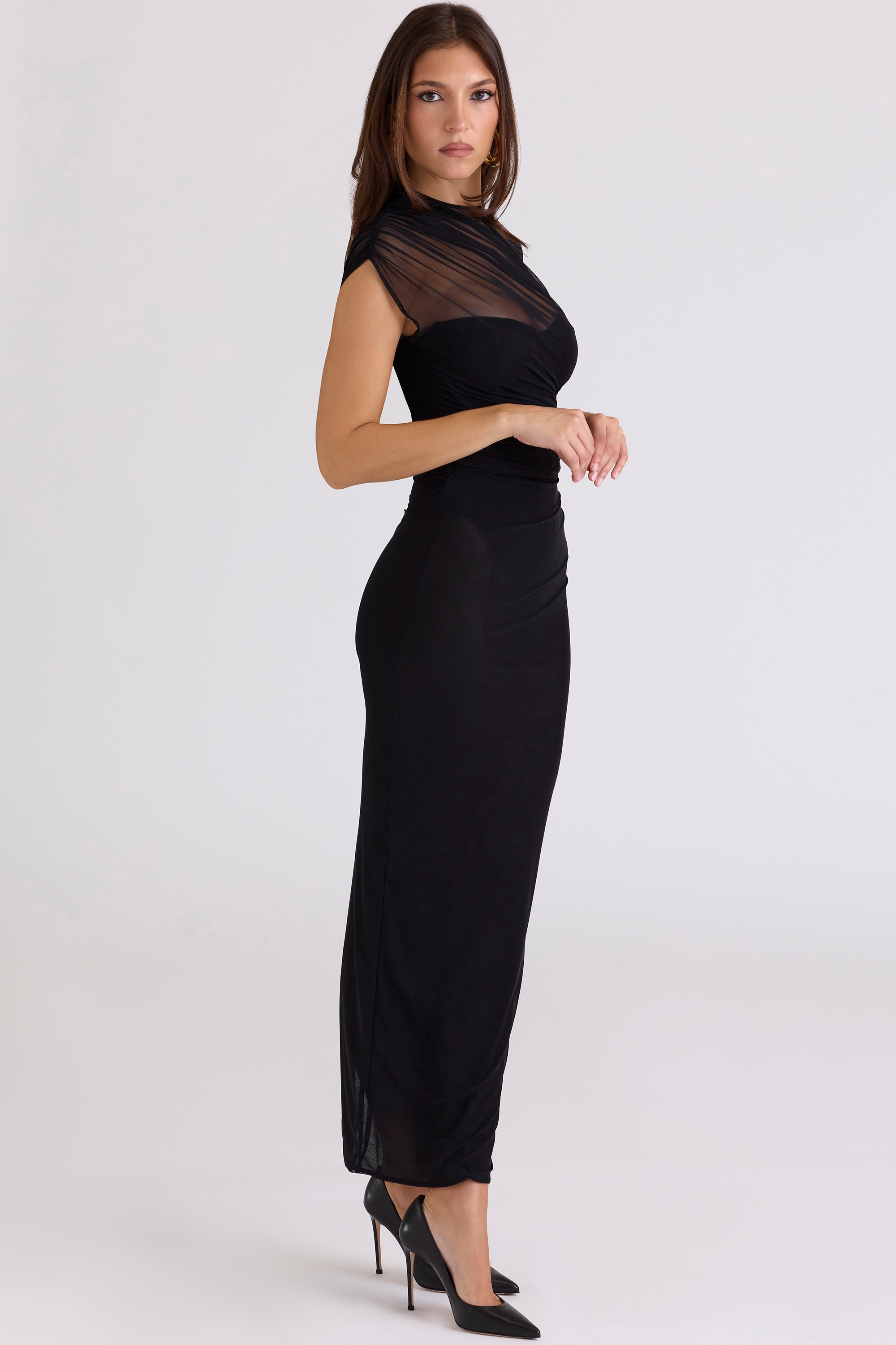 Black Draped Mesh Maxi Dress - TREBLEV
