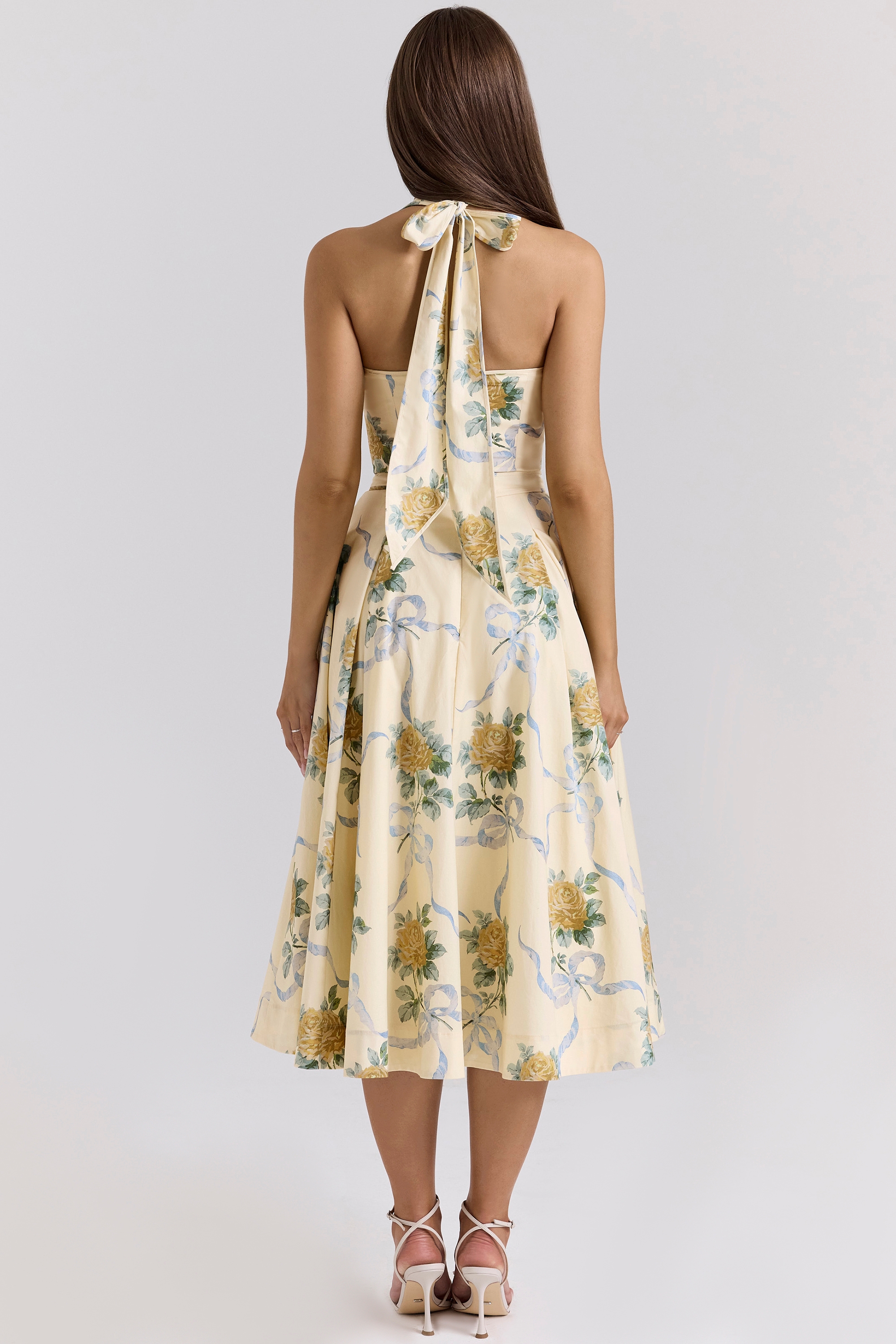 Lemon Ribbon Stretch Cotton Halter Midi Sundress - TREBLEV