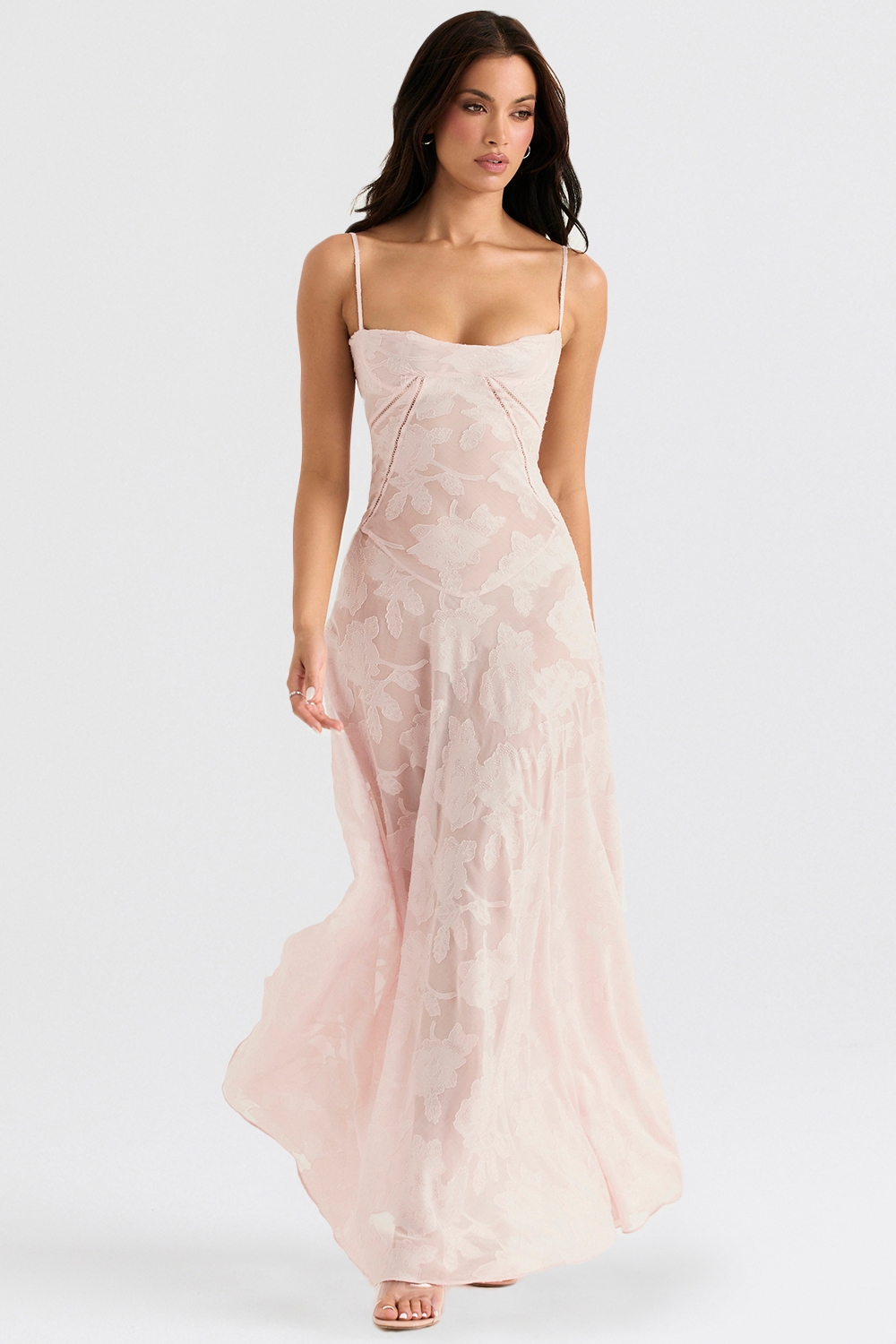 Soft Pink Floral Lace Back Maxi Dress - TREBLEV