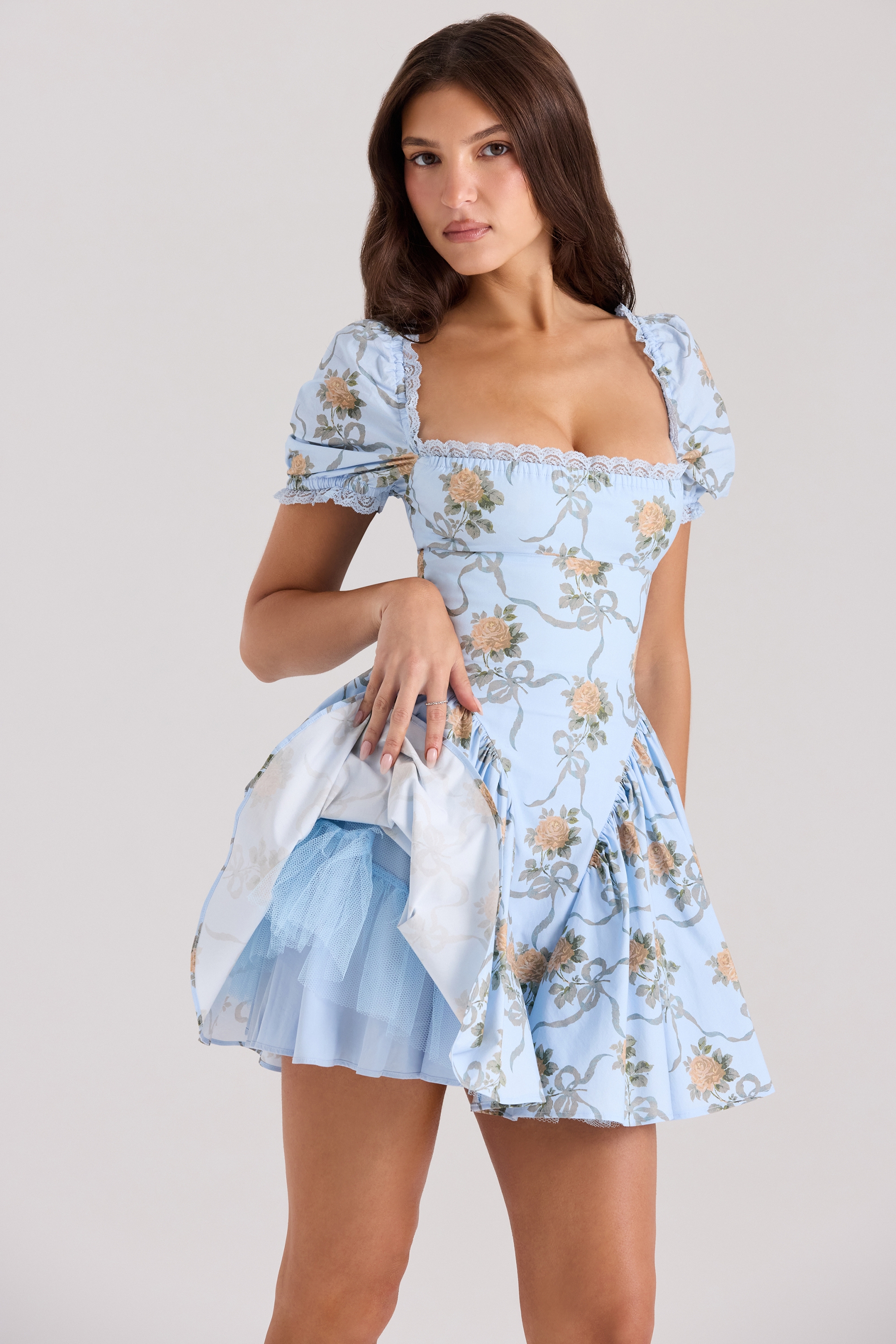 Blue Rose Print Cotton Mini Dress - TREBLEV