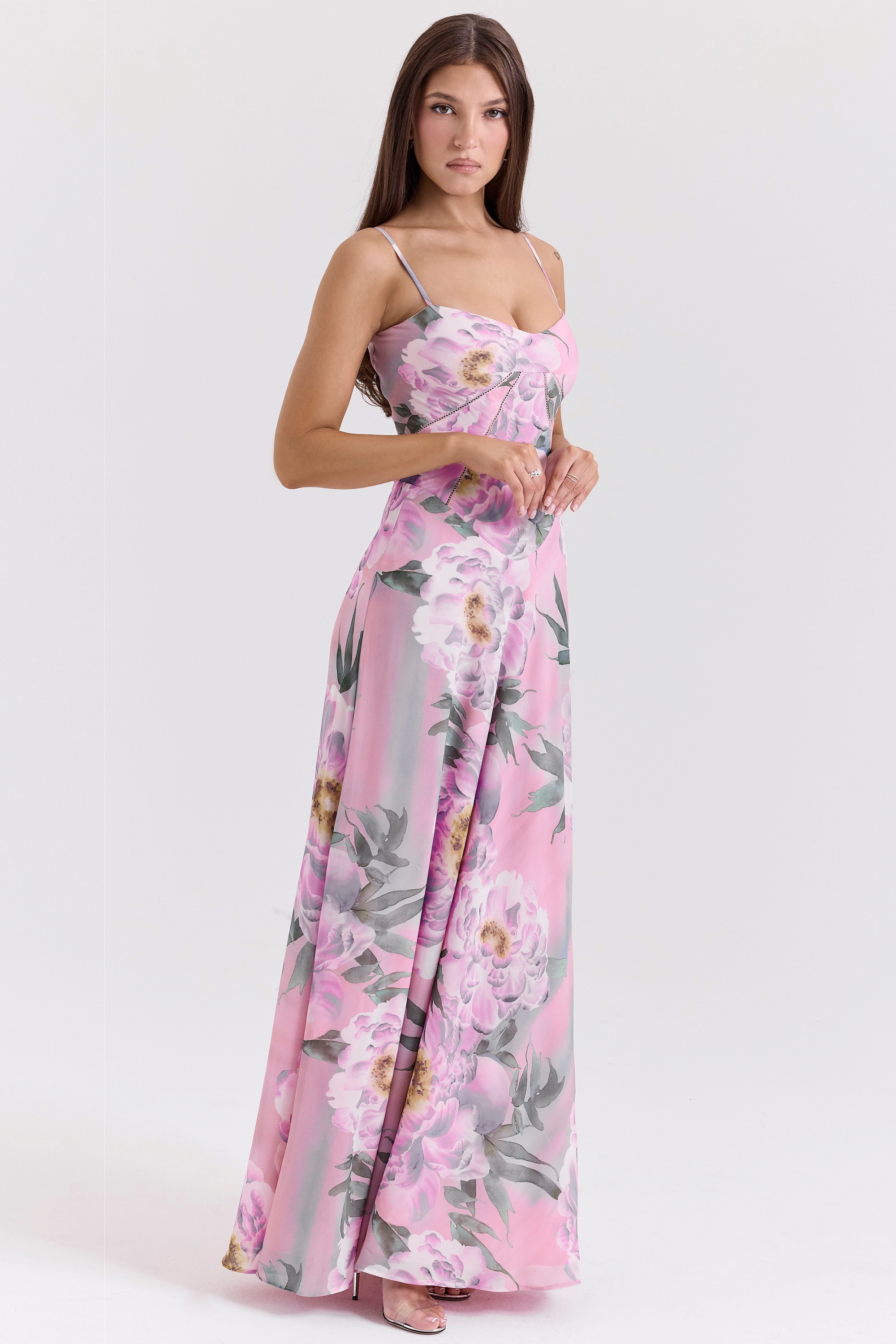 Pink Floral Print Lace Back Maxi Dress - TREBLEV